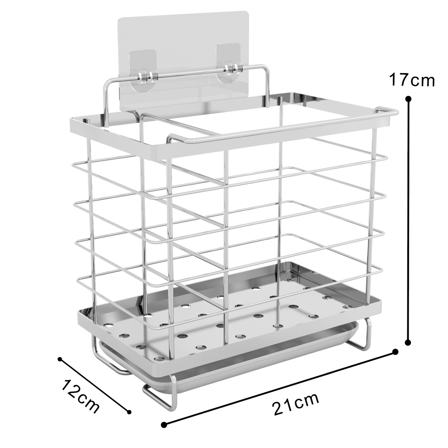 Ein Edelstahl-Geschirrkorb mit Abmessungen. Die Abmessungen sind 12 cm, 21 cm und 17 cm. Er ist vor weißem Hintergrund.