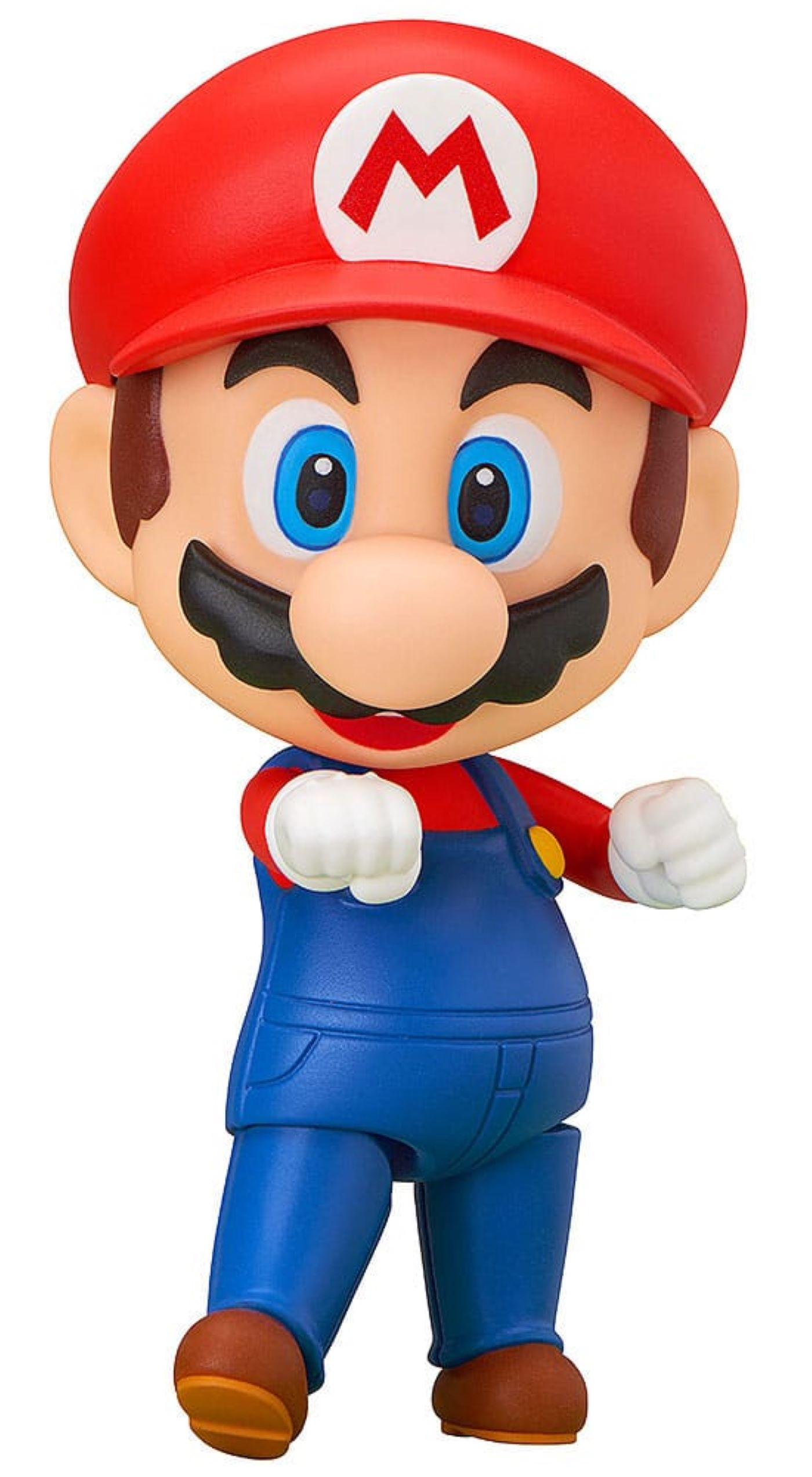 Eine Mario-Actionfigur in roten Overalls und roter Mütze. Er lächelt.