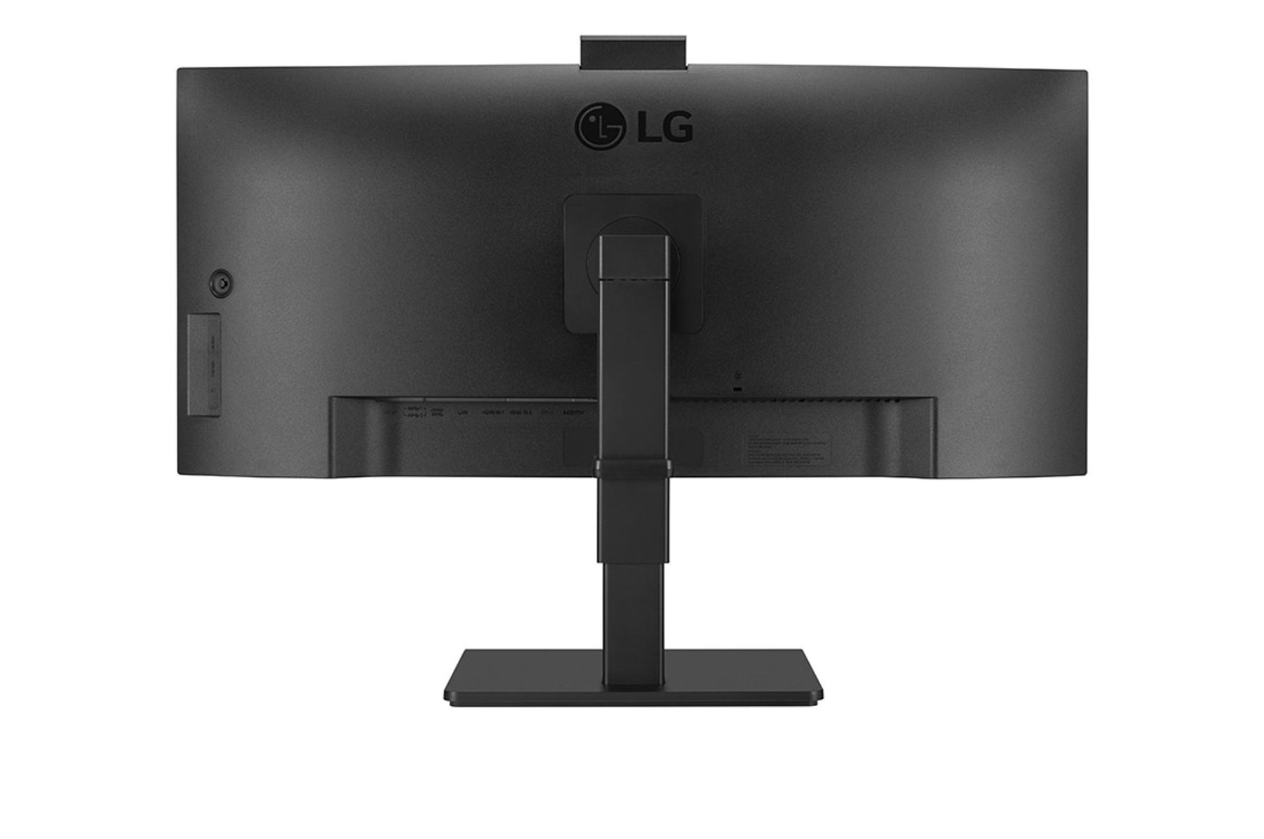 Widok z tyłu czarnego monitora komputera z logo LG i portami. Podstawa jest również czarna.