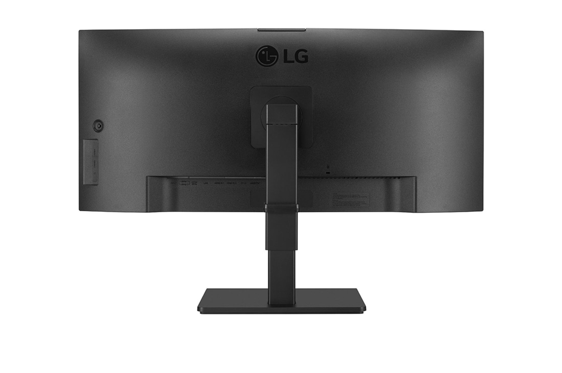 Widok z tyłu czarnego monitora LG ze stojakiem. Widoczne porty i logo.