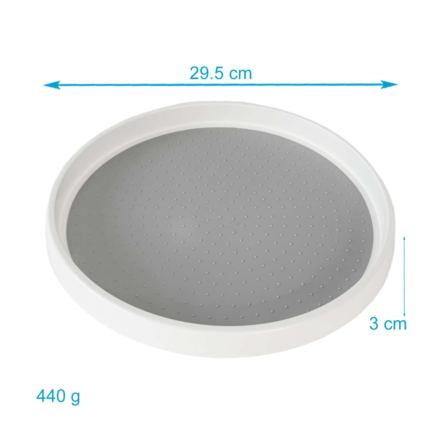 Weißes Drehtablett. Es ist rund, 29,5 cm breit und 3 cm hoch.