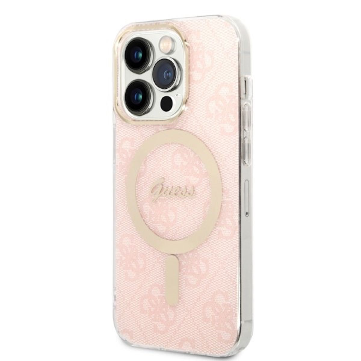 Una custodia per telefono Guess rosa con anello e logo dorati. La custodia ha un bordo trasparente e un motivo floreale.