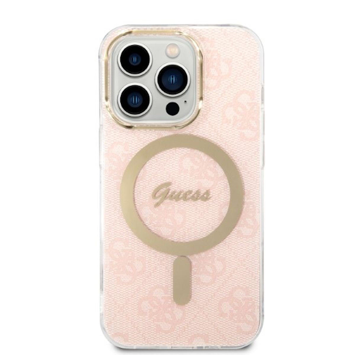 Custodia per telefono rosa con motivo e logo e anello Guess dorati.