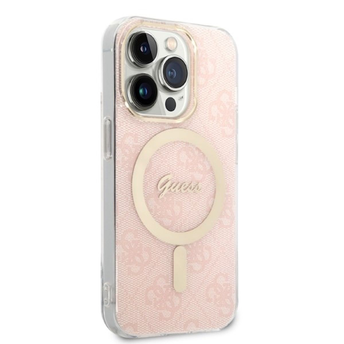 Una custodia rosa Guess, con un anello d'oro e una custodia trasparente, su sfondo bianco.