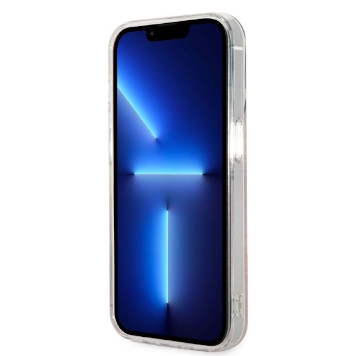 Un telefono cellulare in una custodia trasparente mostra una luce blu brillante e uno schermo scuro.