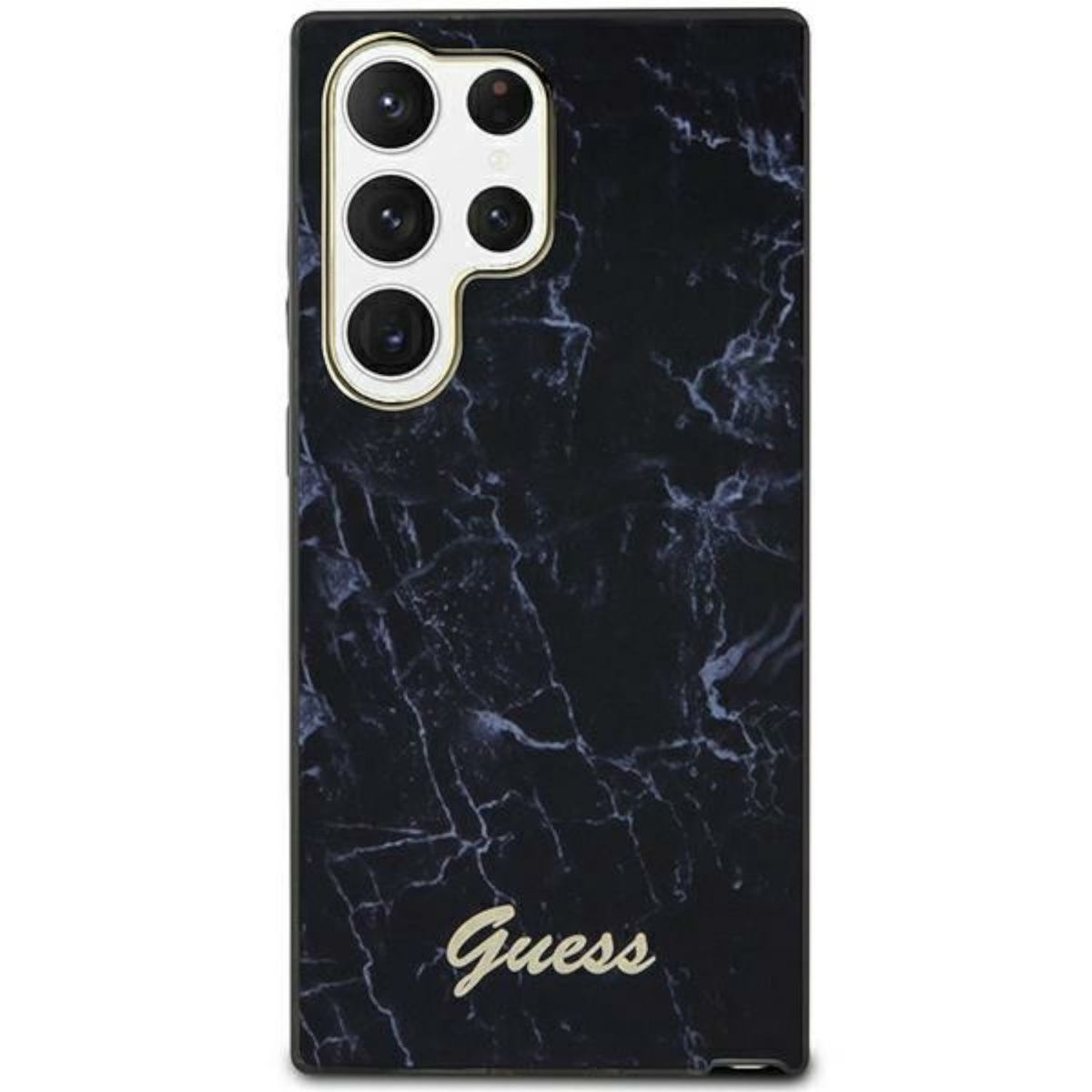 Una custodia per telefono in marmo nero con marchio Guess dorato, contenente un telefono con configurazione a quattro fotocamere.