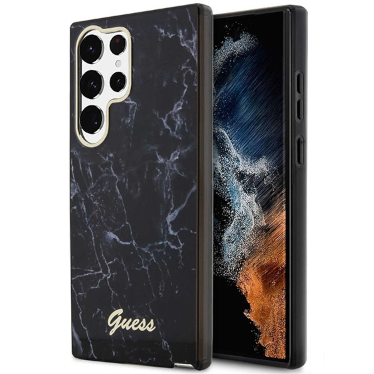 Una custodia per telefono nera con texture marmorizzata e il logo Guess. Il telefono è visibile.