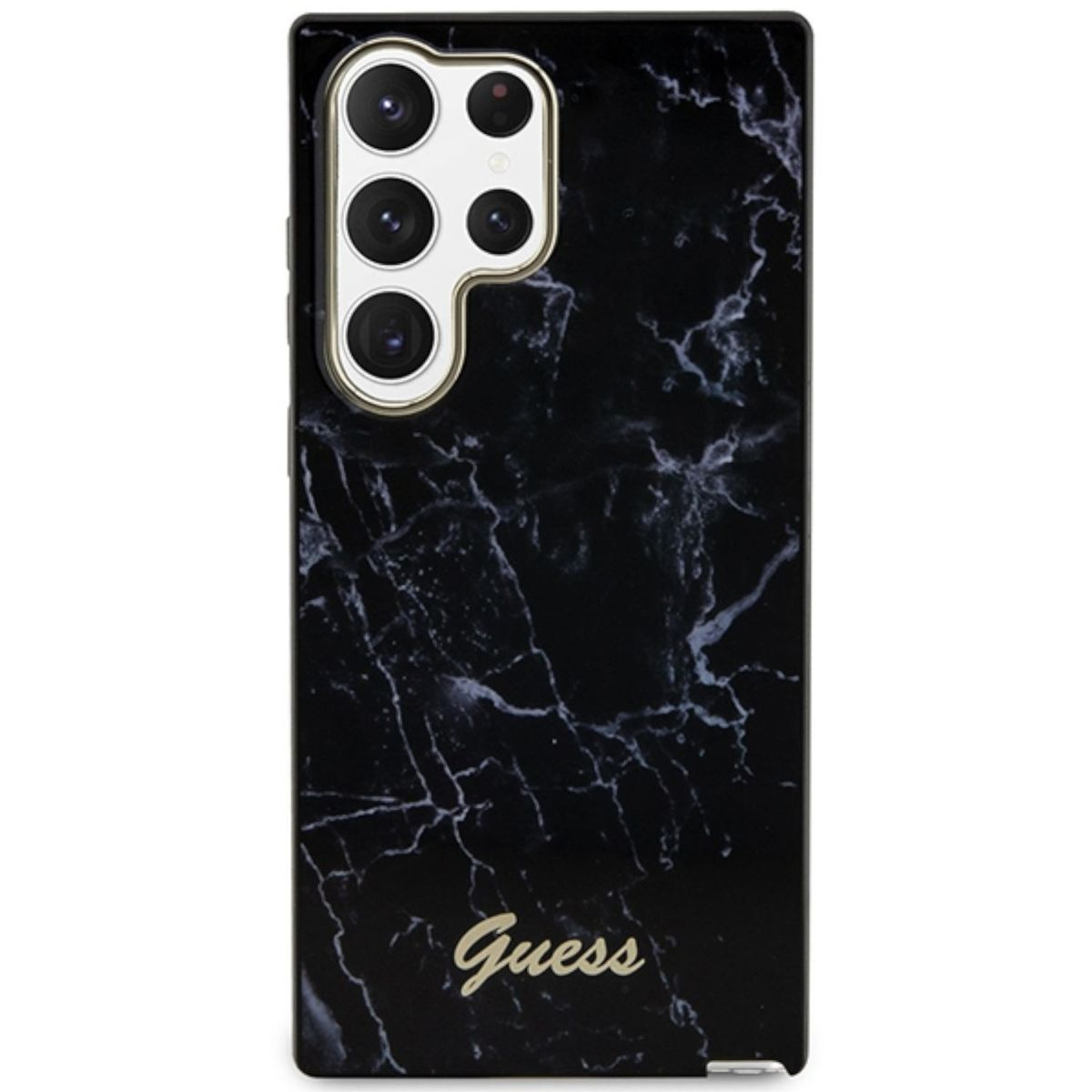 Custodia per telefono in marmo nero con la scritta 'Guess' in oro. La custodia ha più lenti della fotocamera.