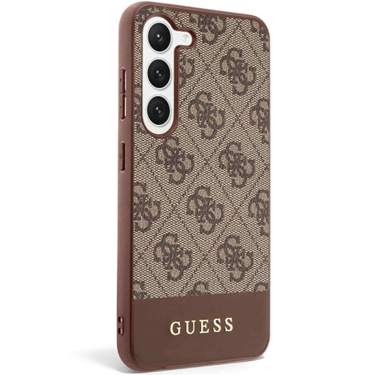 Braune Guess-Handyhülle mit Logomuster, brauner Boden mit dem Guess-Logo.
