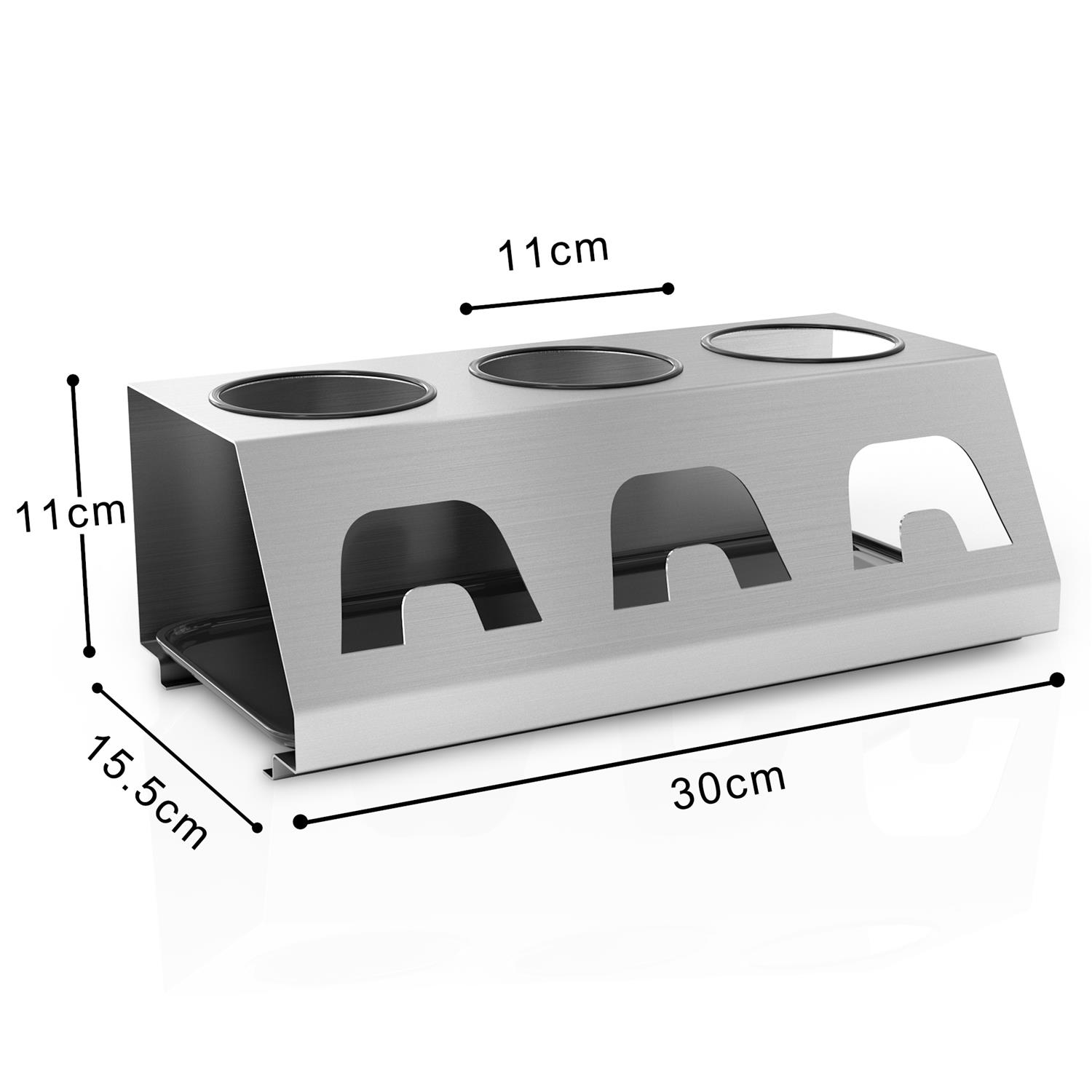 Silberner Utensilienhalter mit drei Löchern für Becher. Er ist 30 cm lang und 15,5 cm hoch.