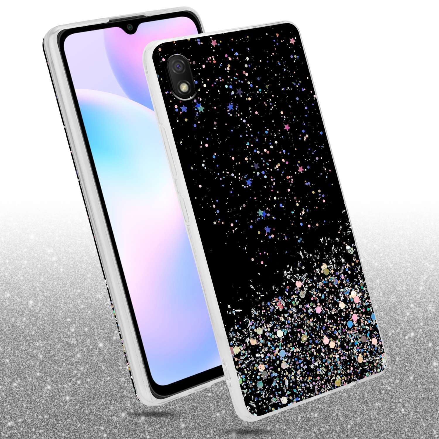 Custodia per telefono con un design nero e glitterato. Il telefono è nella custodia ed è visibile.