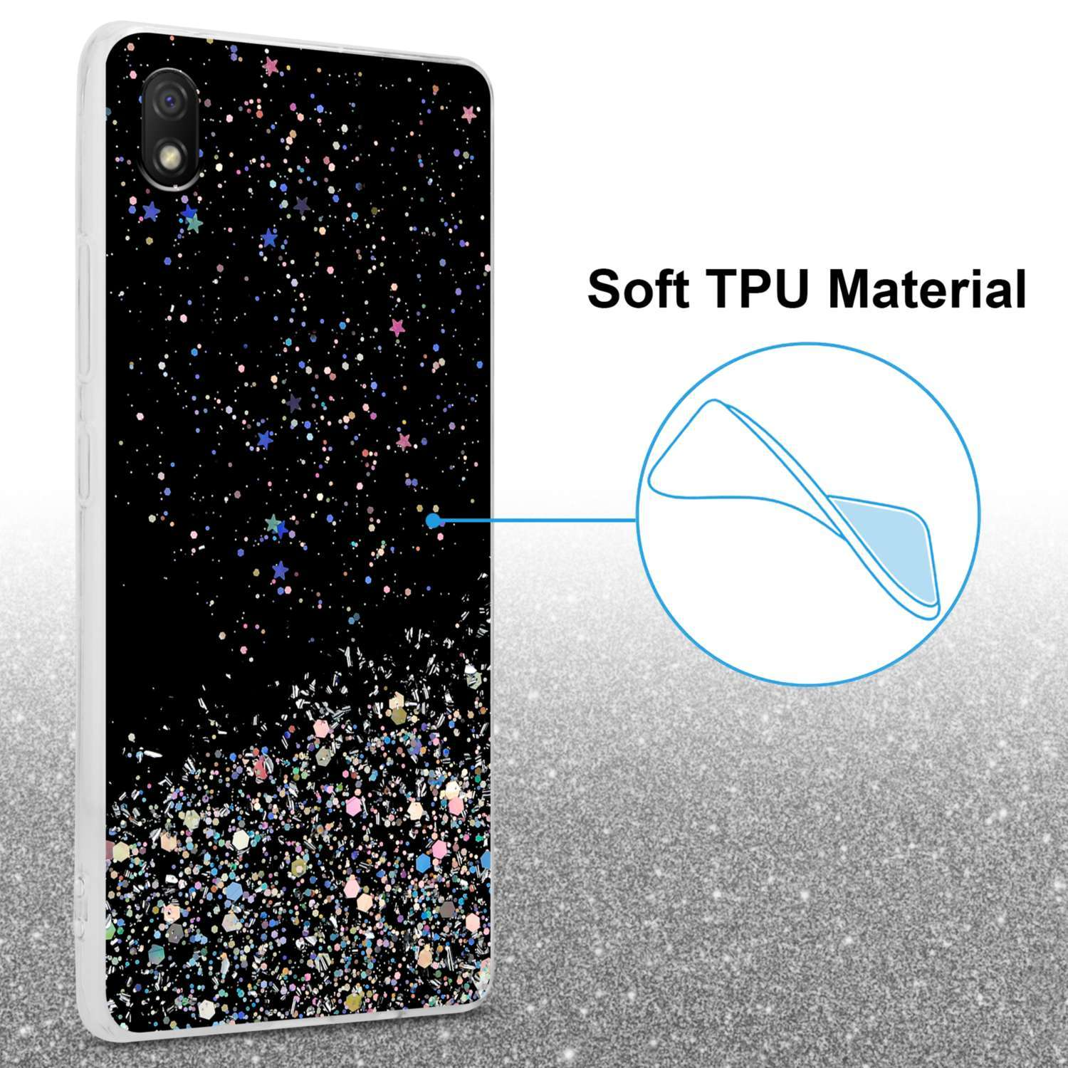 Custodia per telefono nera con un design glitterato. Il testo dice 'Soft TPU Material'.