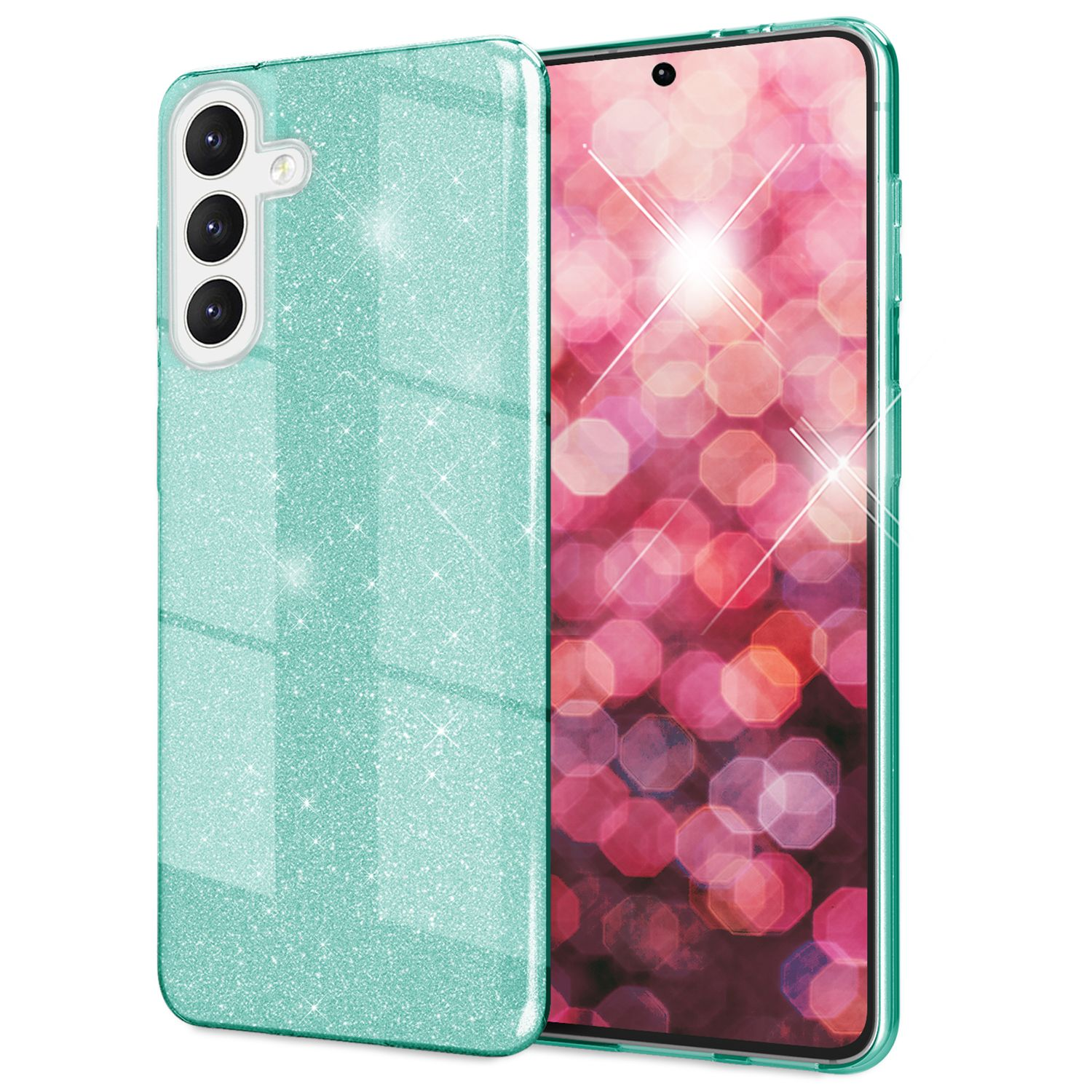Eine glitzernde, mintgrüne Handyhülle. Ein Telefon mit pinkem und rotem Hintergrund ist darin.