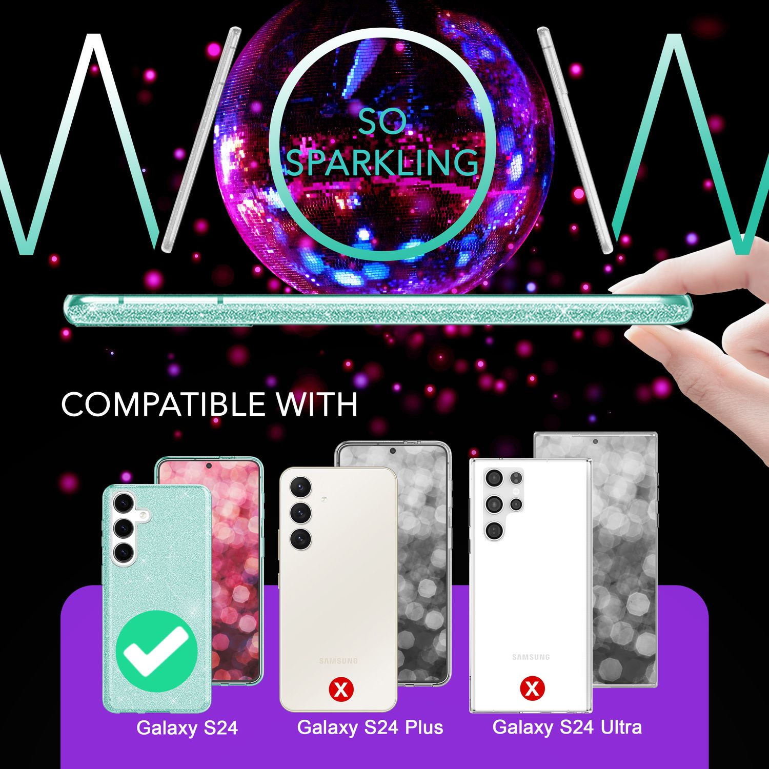 Handyhülle und mehrere Telefone. Hülle ist mit Galaxy S24 kompatibel, aber nicht mit anderen.