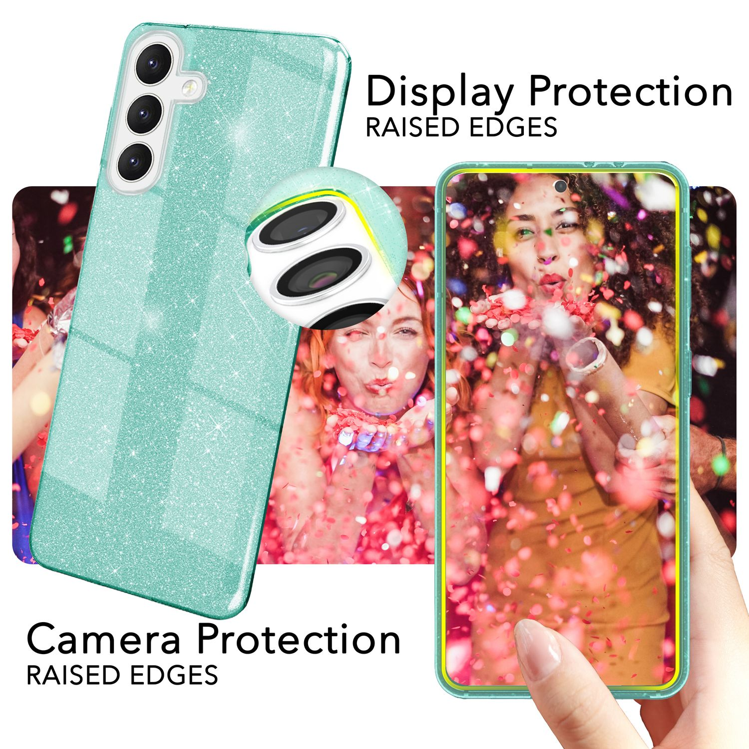 Eine Handyhülle mit einem Telefon, Kamera- und Displayschutz mit erhöhten Kanten.