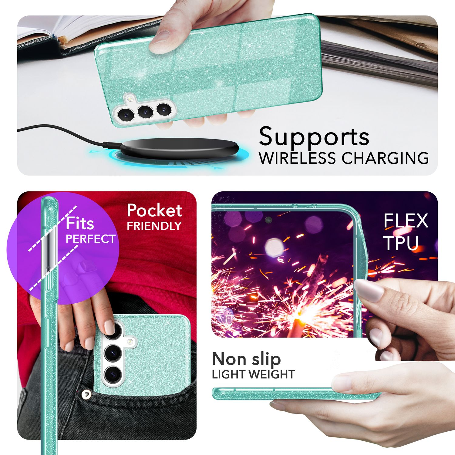 Mintgrüne Handyhülle mit Glitzer, kabellosem Laden, taschenfreundlich und flexiblem TPU.
