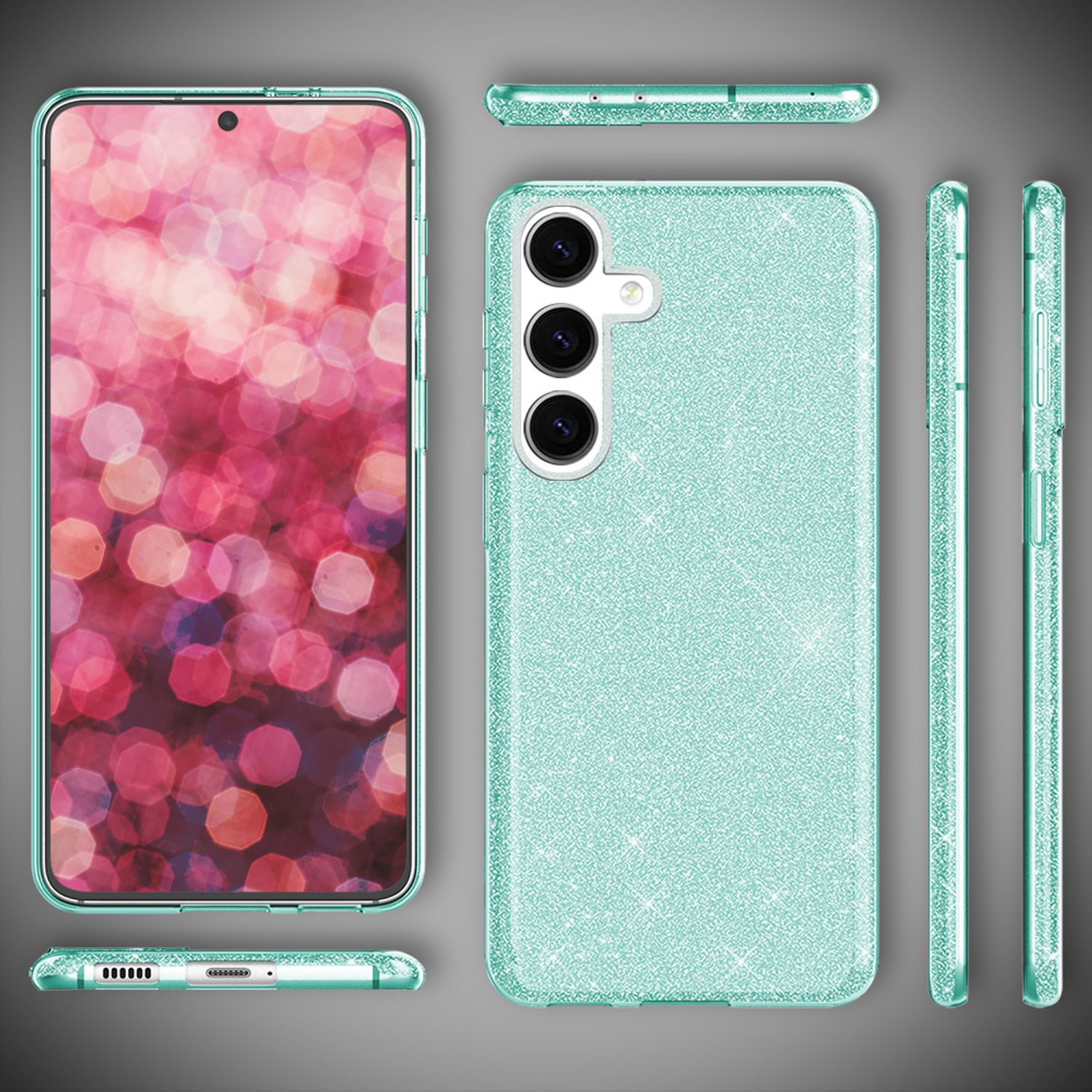 Eine mintgrüne Handyhülle mit glitzernder Textur. Das Telefon hat mehrere Kameras und einen großen Bildschirm.