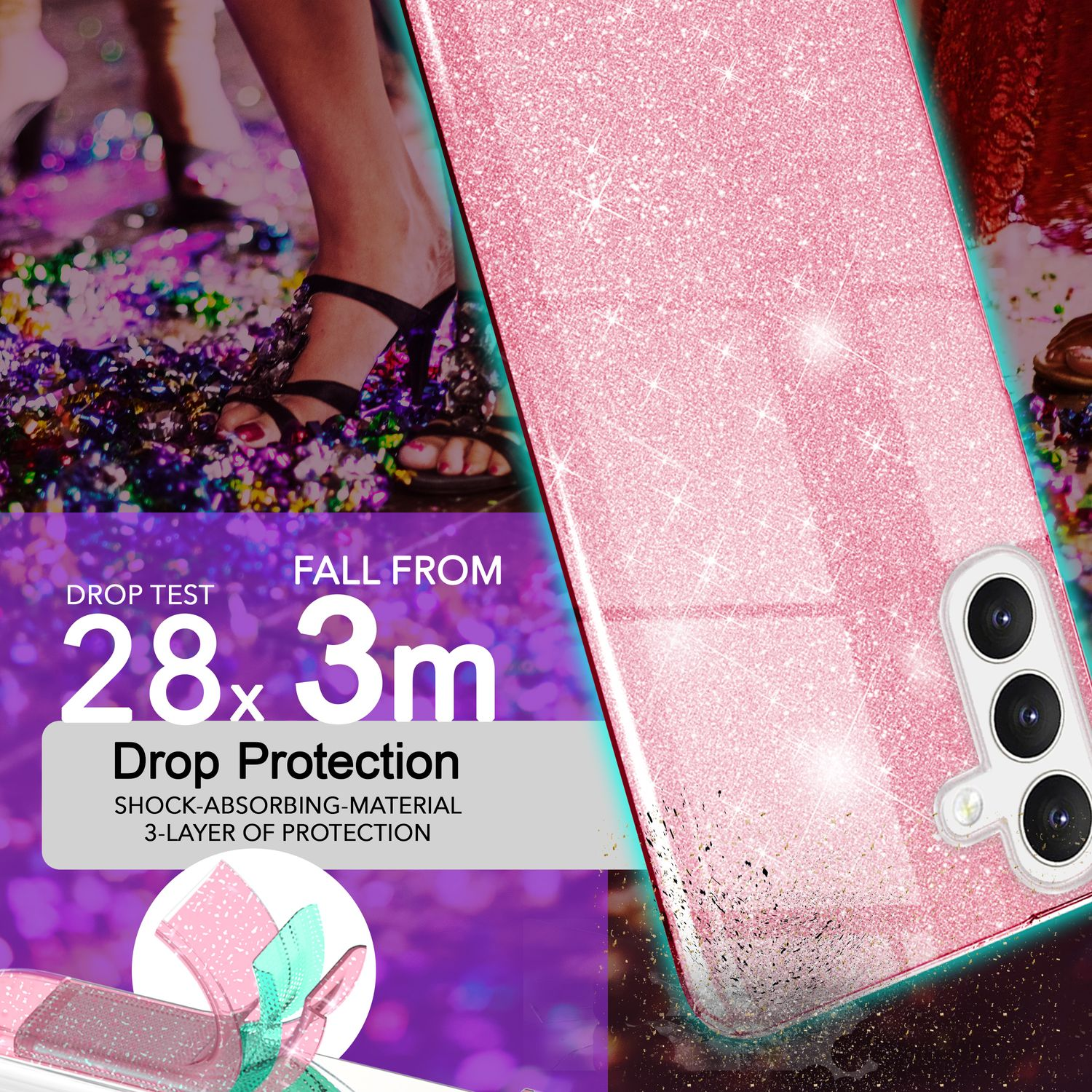 Glitzer Hybrid Galaxy Samsung, S24 Hülle, Backcover, NALIA Plus, Pink
