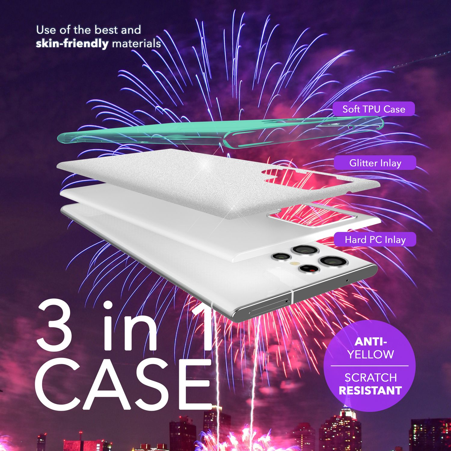 Handyhülle mit 3 Schichten und Text, Feuerwerk im Hintergrund.