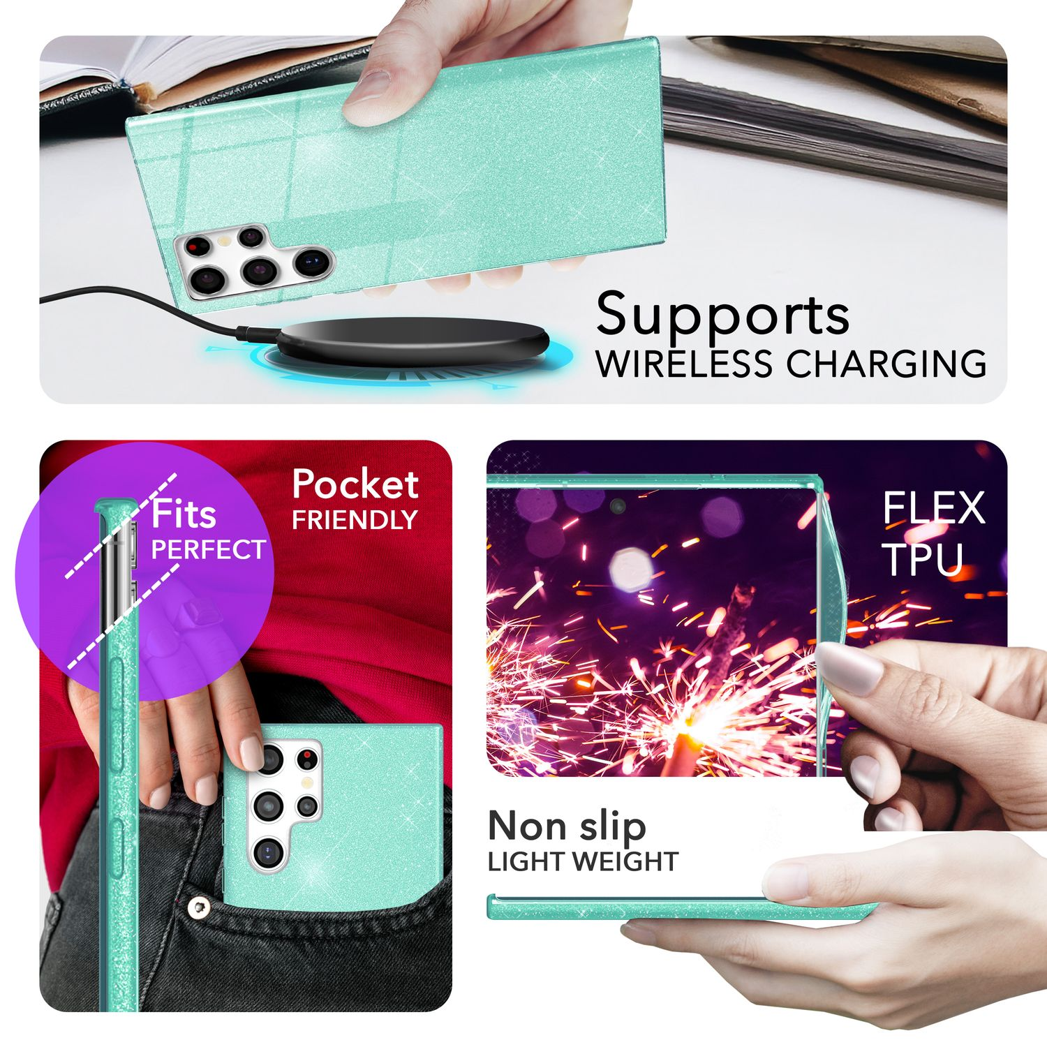 Telefon in mintgrüner Hülle mit Glitzer, gezeigt mit kabellosem Laden und Tasche.
