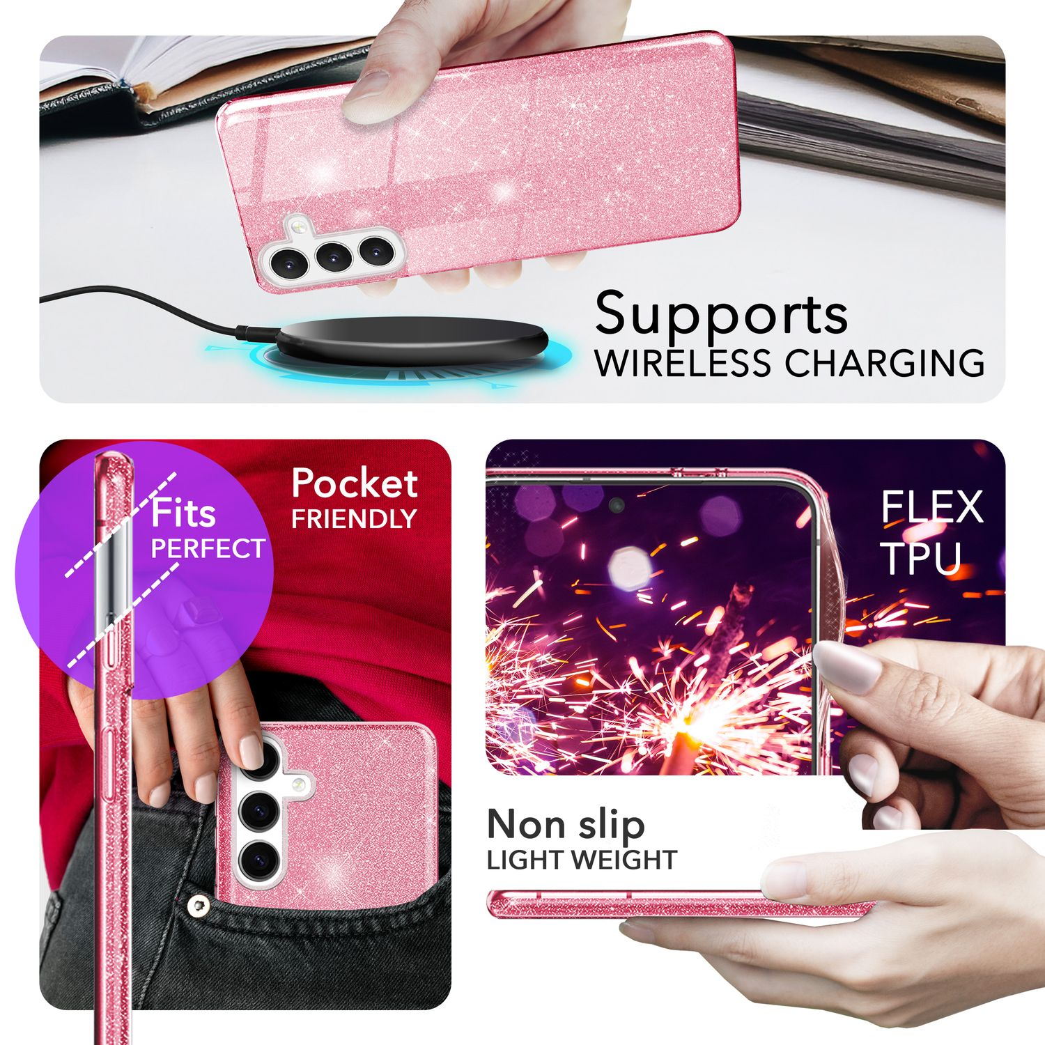 Eine pinkfarbene Glitzer-Handyhülle mit kabelloser Ladeunterstützung und taschenfreundlichen Funktionen.