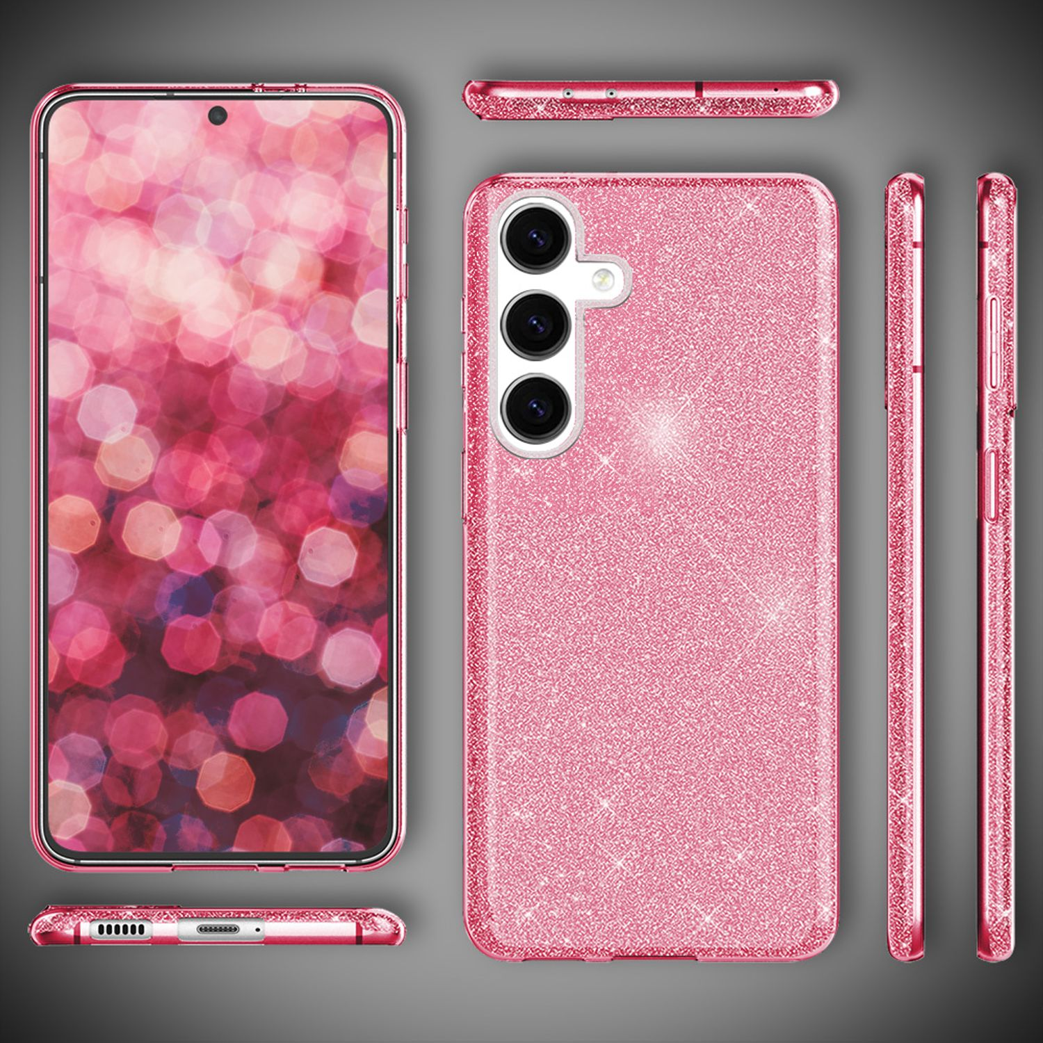 Eine pinke, glitzernde Handyhülle mit mehreren Ansichten, einschließlich Bildschirm und Seiten.