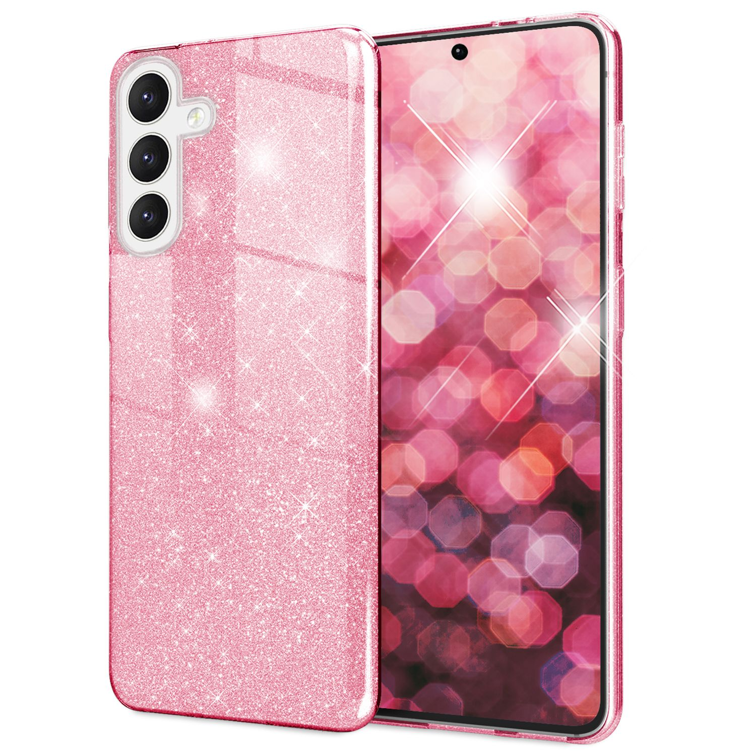 Rosa glitzernde Handyhülle mit Kameramodul auf weißem Hintergrund.