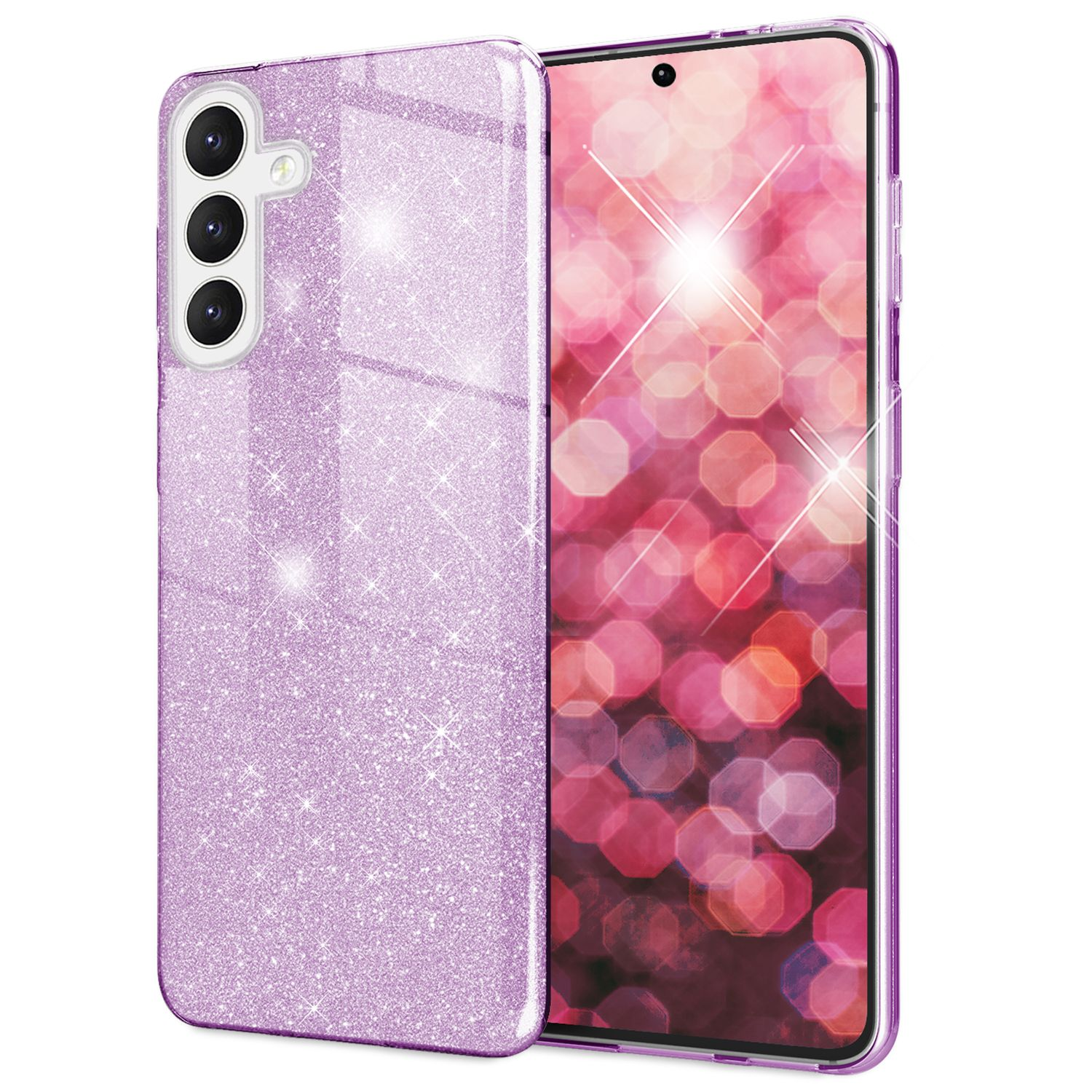 Eine glänzende, funkelnde Lavendel-Handyhülle neben einem Smartphone mit ähnlichem Bildschirm.