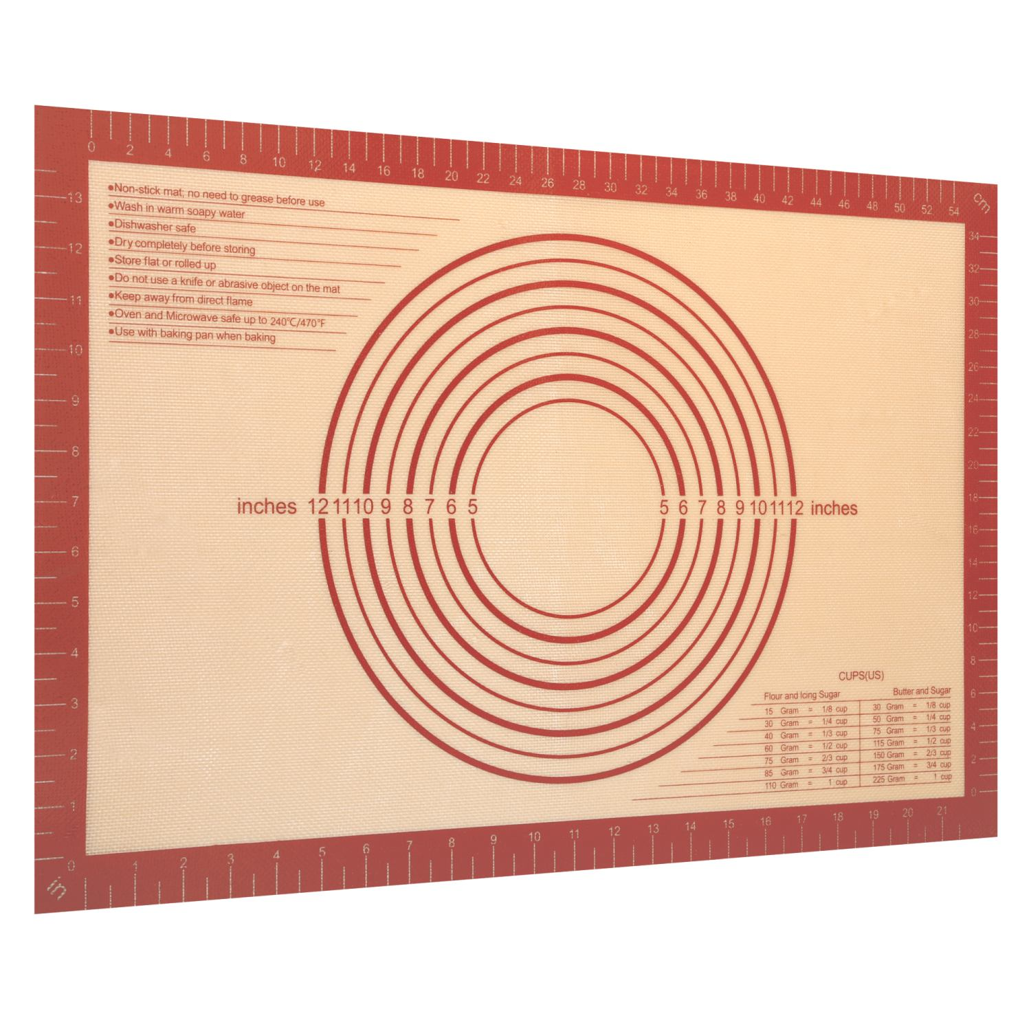 Rote Silikon-Backmatte mit konzentrischen Kreisen und Maßen in Zoll und Zentimetern.
