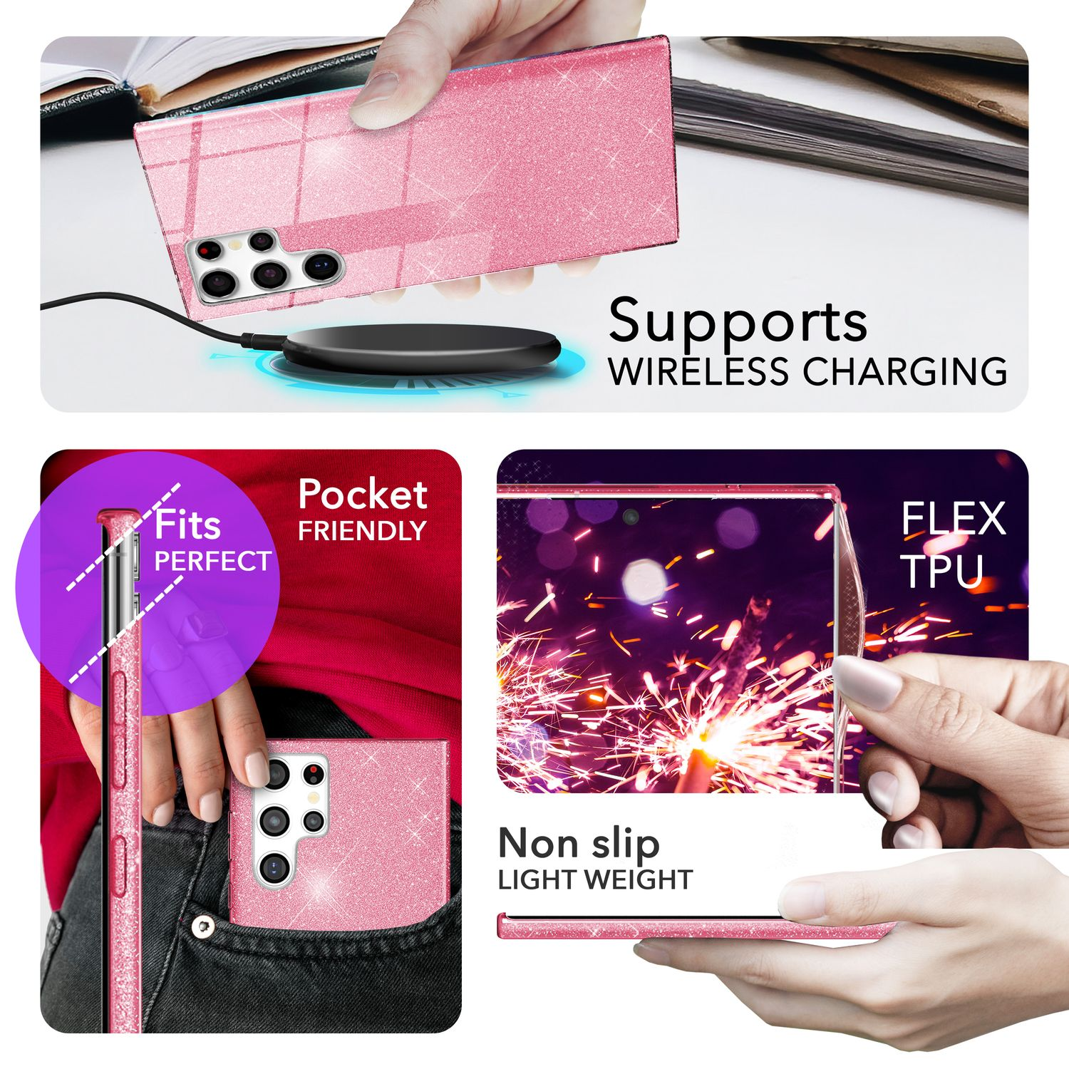 Eine pinke Handyhülle mit Glitzer. Unterstützt kabelloses Laden, taschenfreundlich und rutschfest.