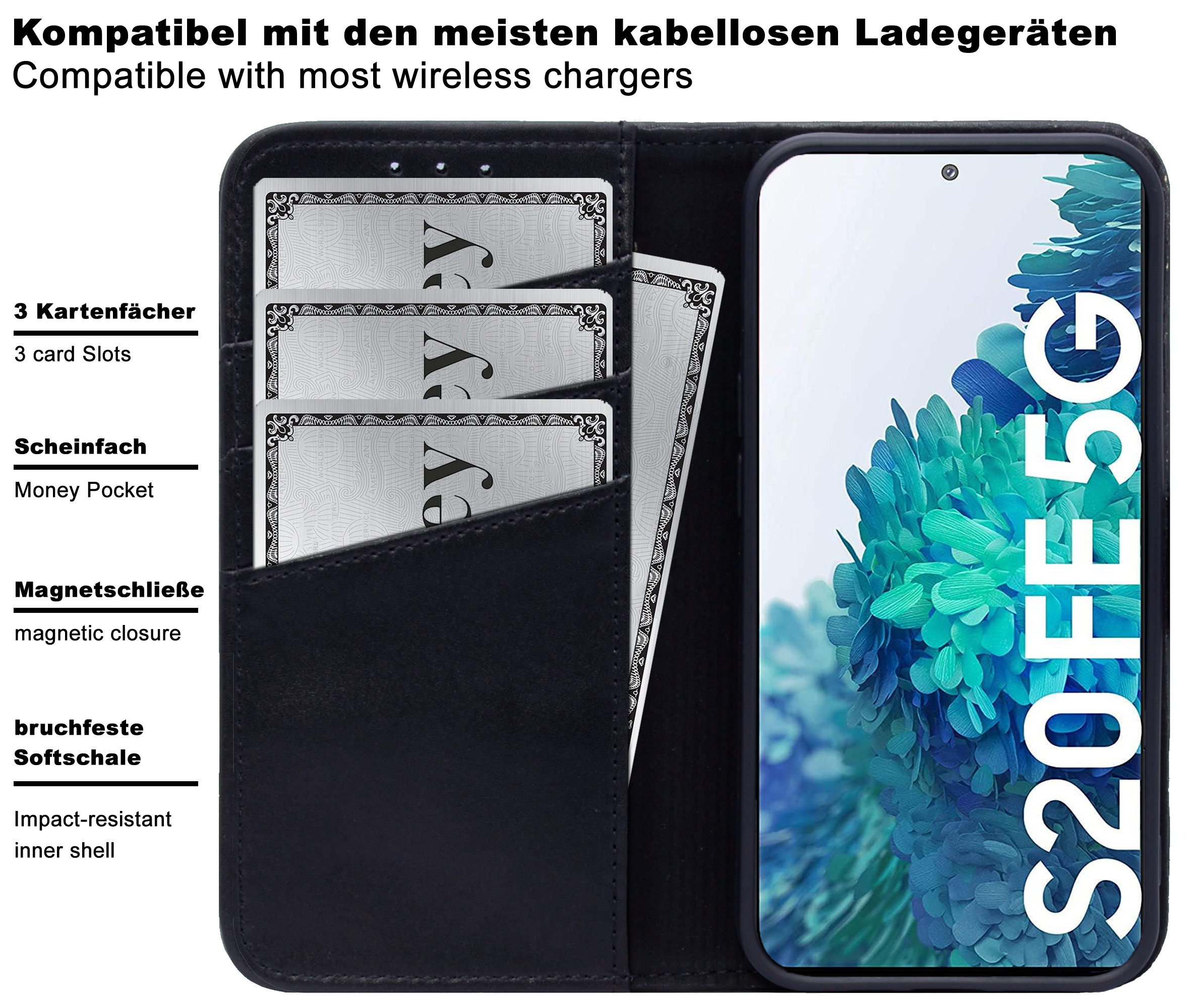 Handytasche, Bookcover, BURKLEY S20FE, Samsung, Galaxy Leder Schwarz