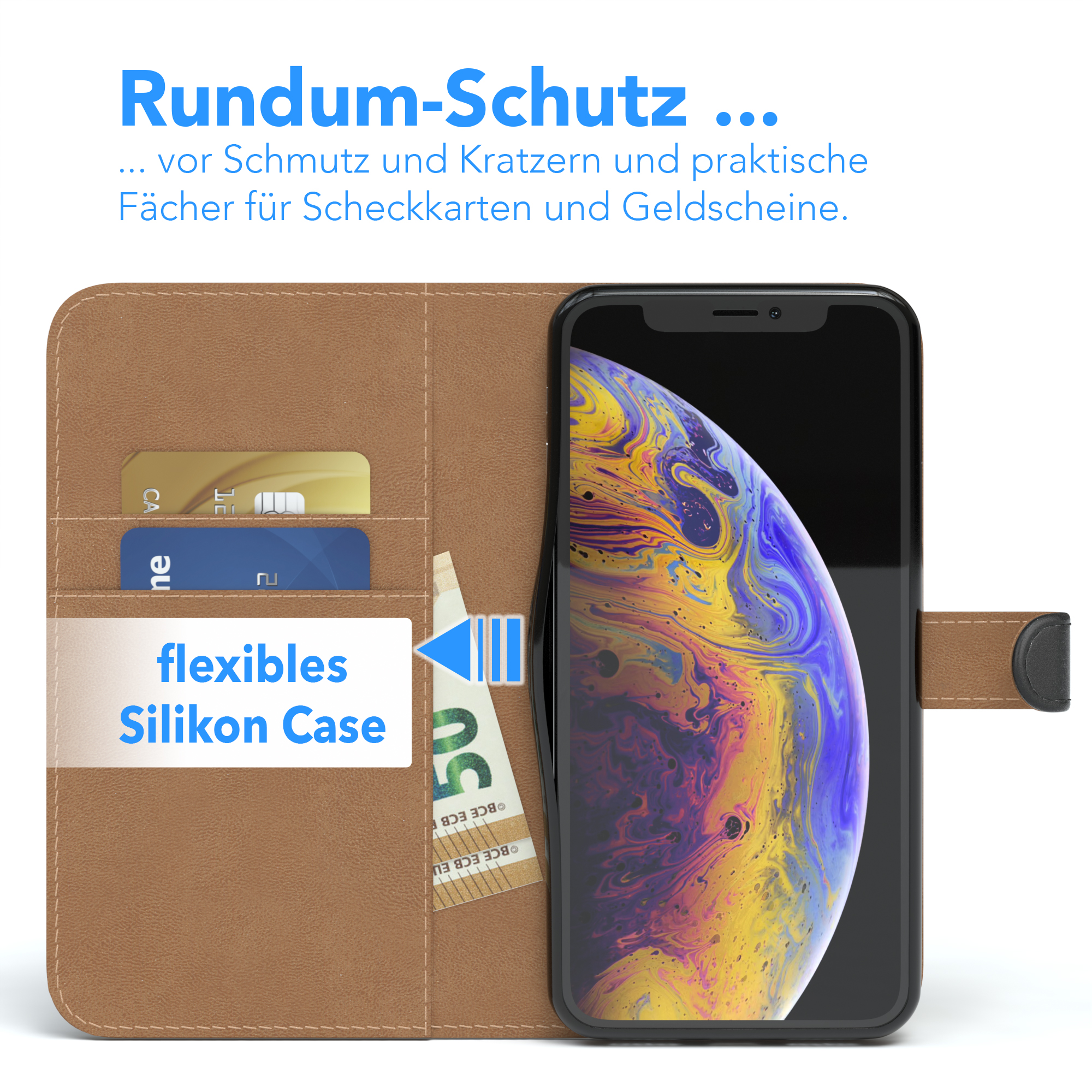 Braune Handyhülle mit Telefon, zeigt Karten und Geld.