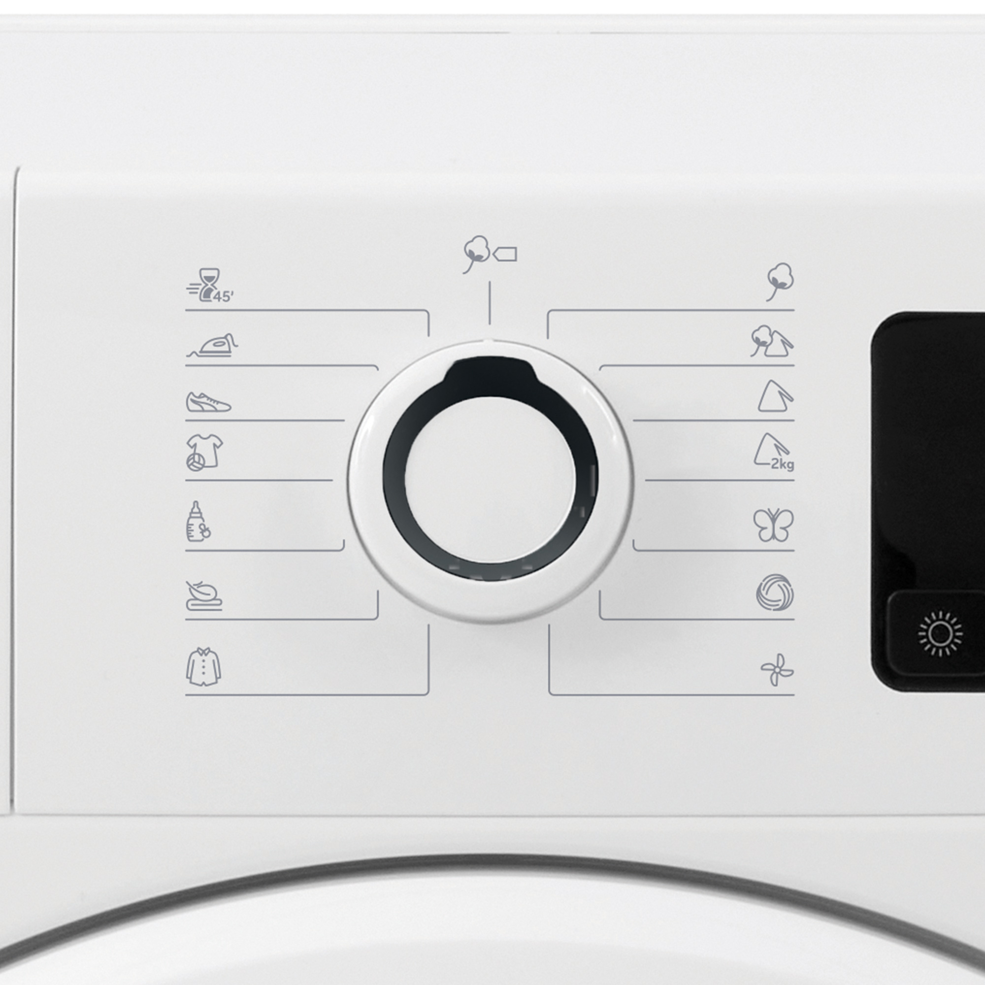 Un primer plano del panel de control de una lavadora con varios iconos de programa.