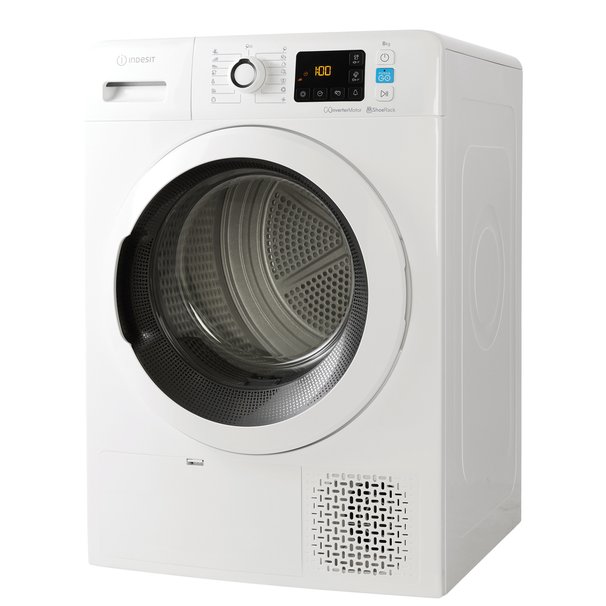 Secadora Indesit blanca. Tiene una puerta negra y un panel de control. Fondo blanco.