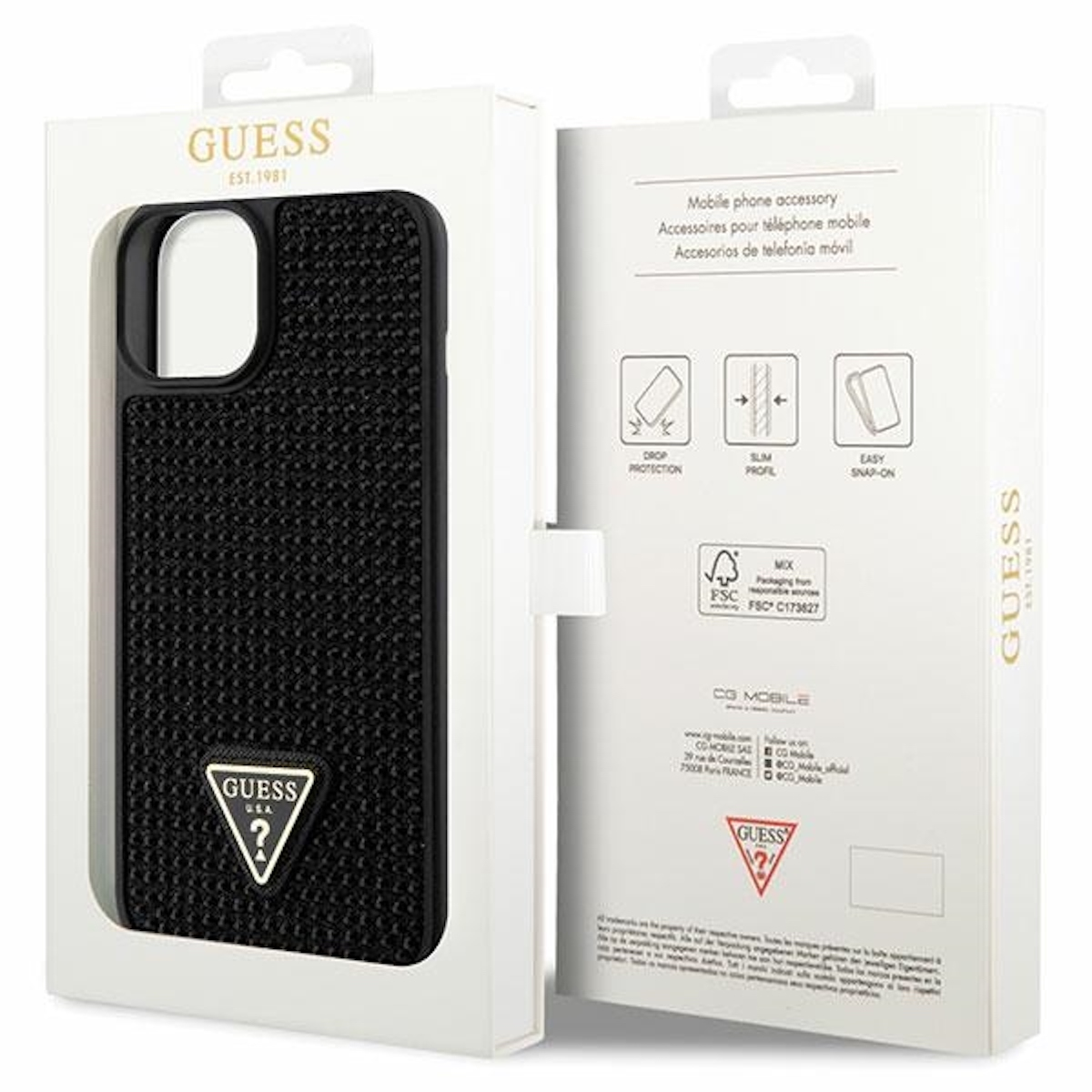 GUESS Rhinestone Triangle Collection Kunstleder 14 Schwarz Apple, Tasche, Plus, iPhone Backcover