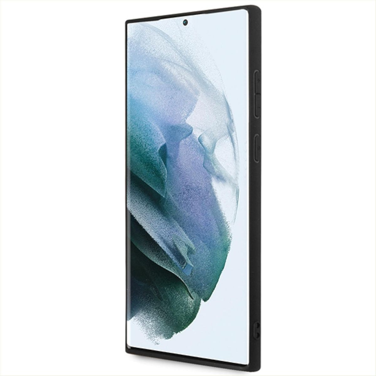 Uno smartphone in una custodia nera, visto di lato, che mostra lo schermo e i pulsanti laterali.