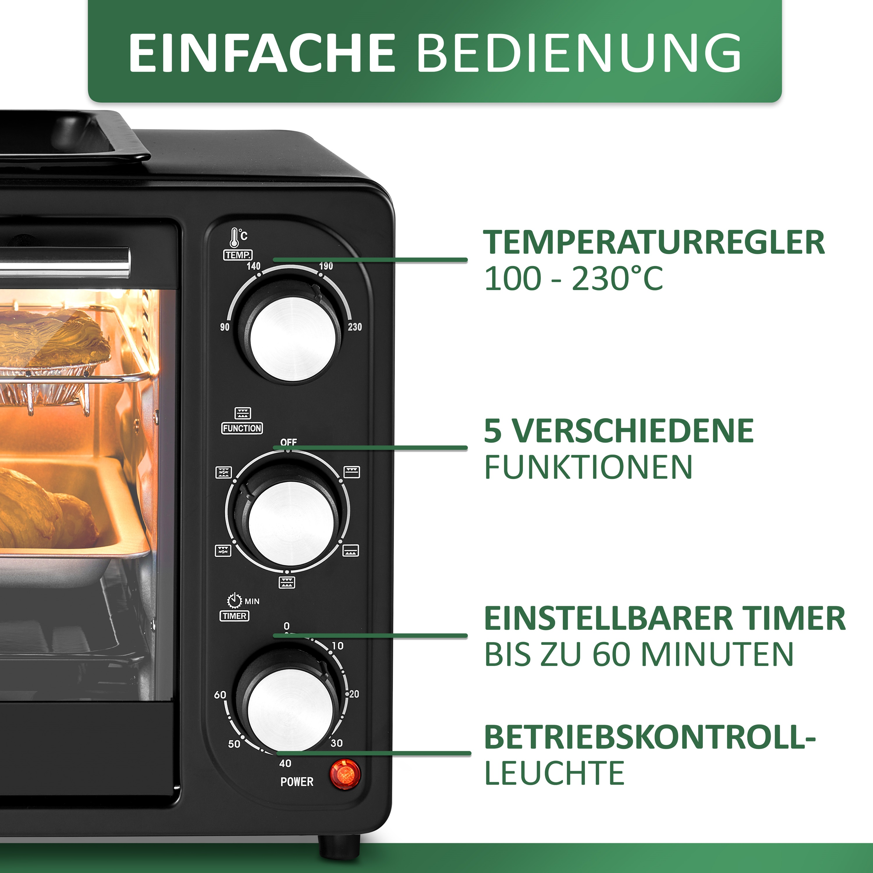 20L Backofen mit Mini Timer 100-230°C SB-3001 Ober- 60 | min | /Unterhitze STEINBORG