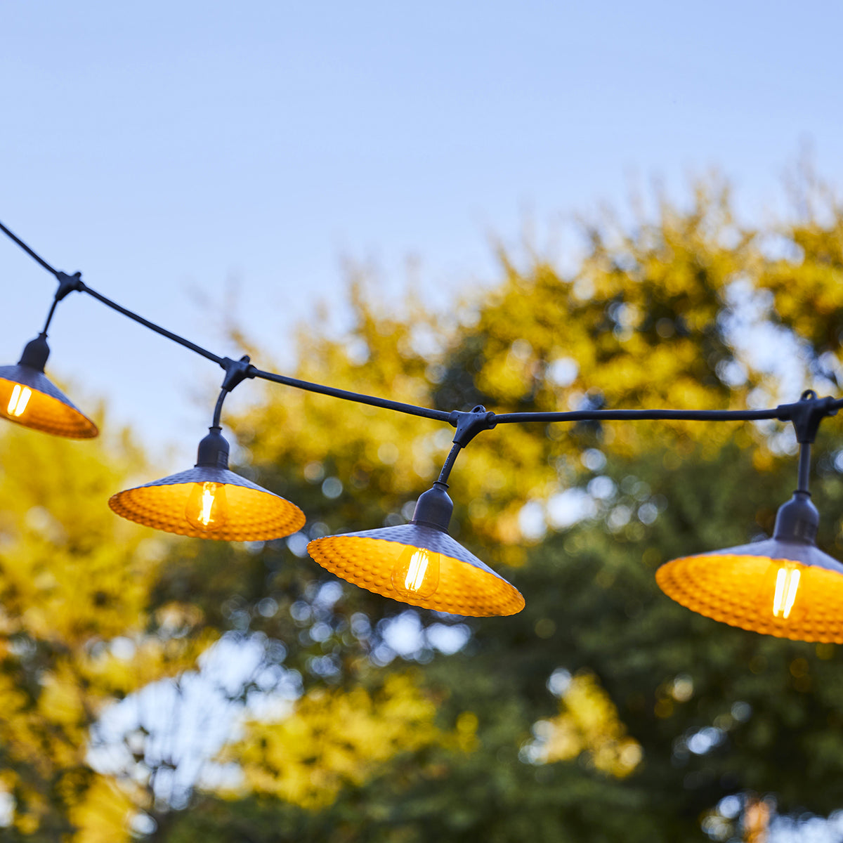 Lichterketten hängen im Freien. Vier Lichter sind an, mit verschwommenem grünen Baumhintergrund und hellblauem Himmel.
