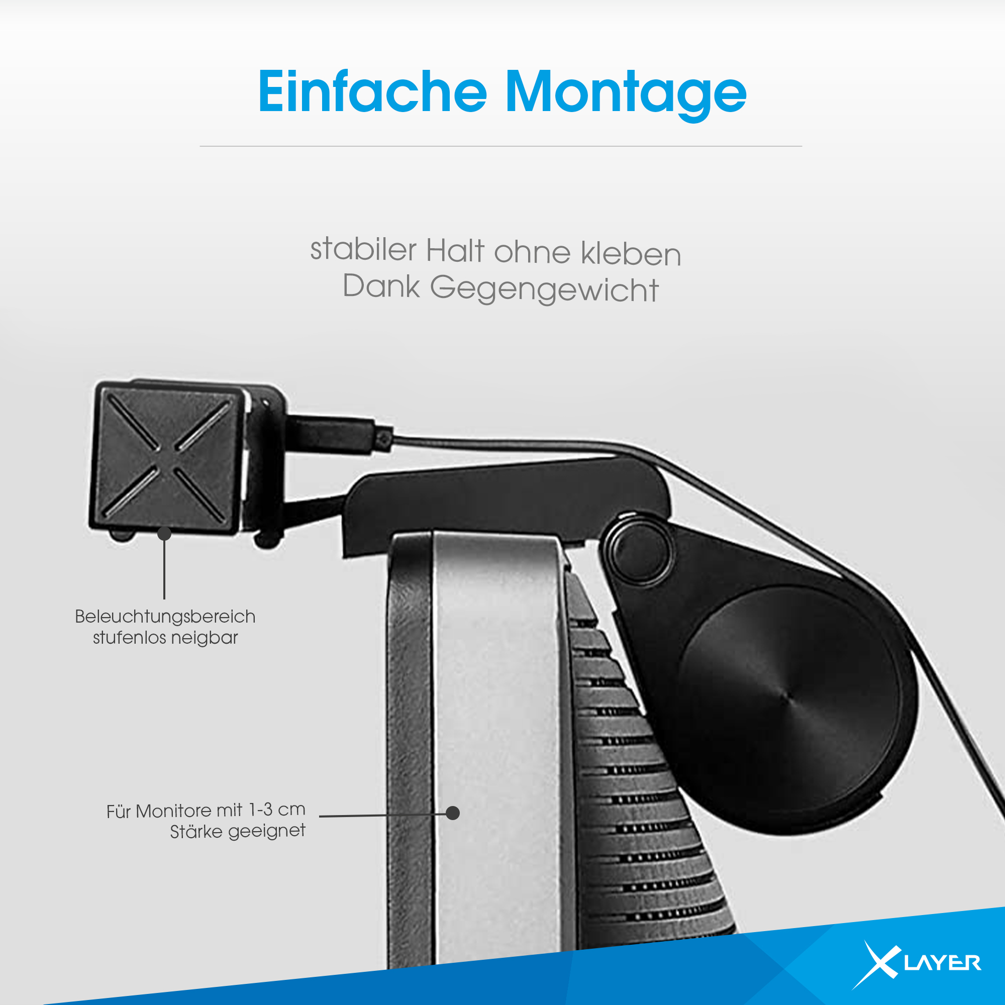 Nahaufnahme einer Monitorhalterung, die das verstellbare Licht und den Montagemechanismus zeigt.