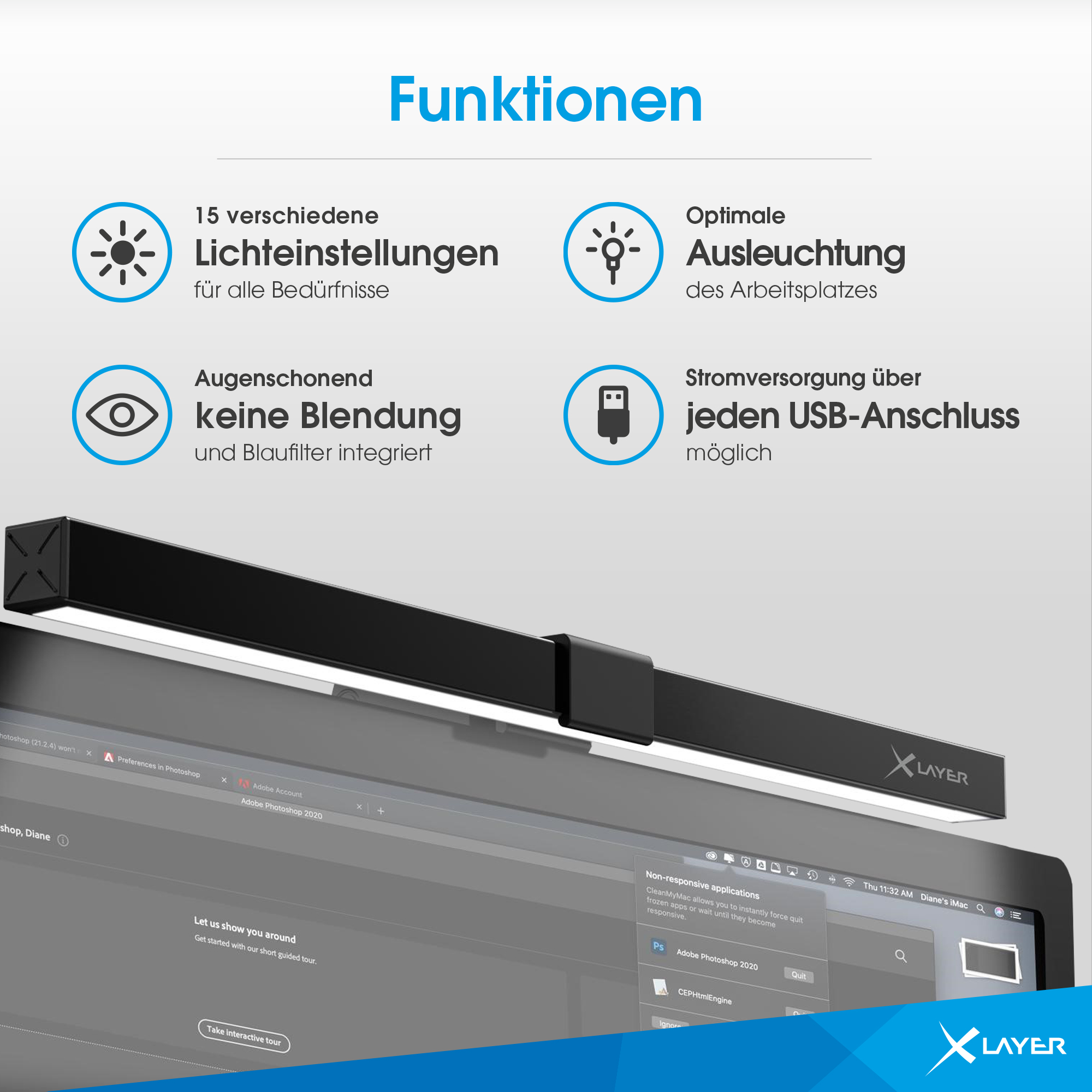 Schwarze Bildschirm-Lichtleiste über einem Monitor, die Funktionen und Text auf weißem Hintergrund anzeigt.