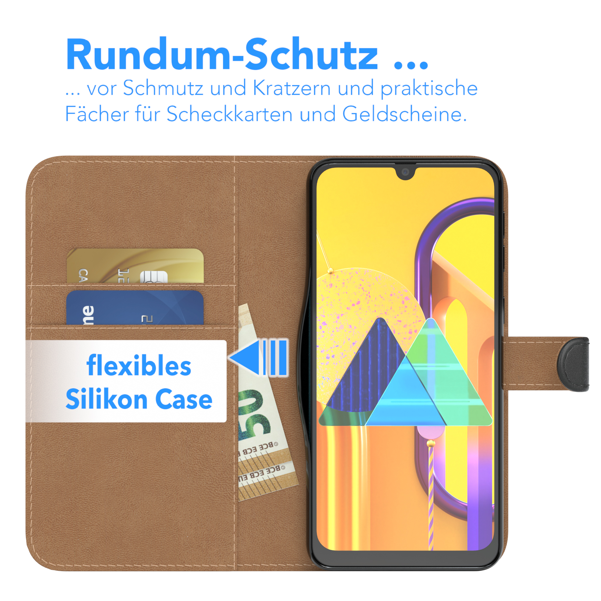 Eine braune Handyhülle mit Kartenfächern und einem 50-Euro-Schein. Text auf Deutsch.