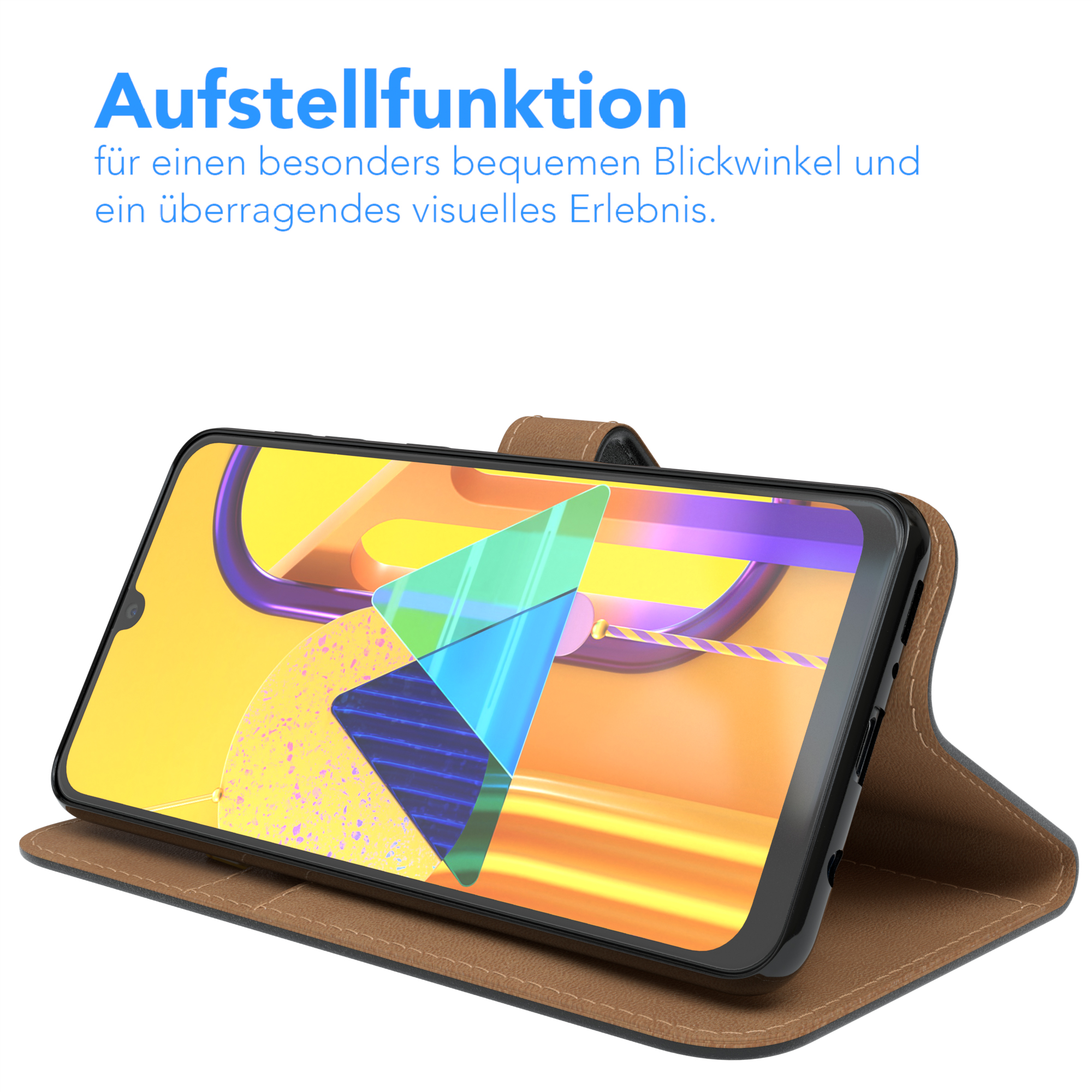 Smartphone in brauner Hülle, abgewinkelt zur Ansicht. Text auf Deutsch, blauer Hintergrund.