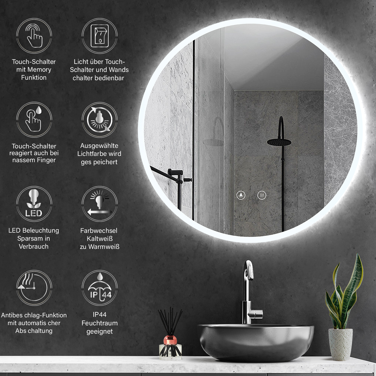 HOKO HOKO LED Rund Badspiegel mit Anti-fog Kalkweiß Lichtfarbe Badspiegel
