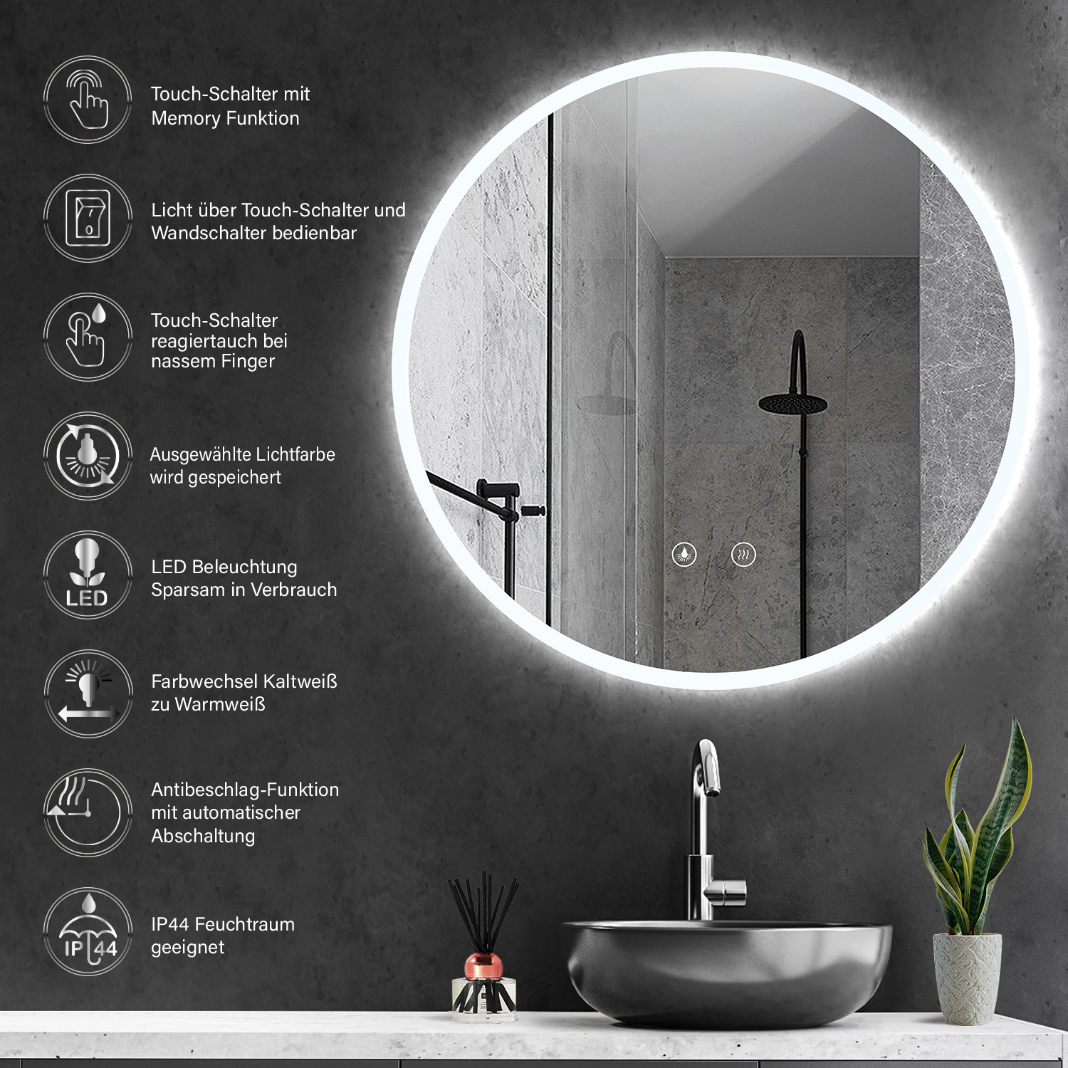 HOKO HOKO LED Badspiegel Lichtfarbe Kalkweiß Badspiegel Rund Anti-fog mit