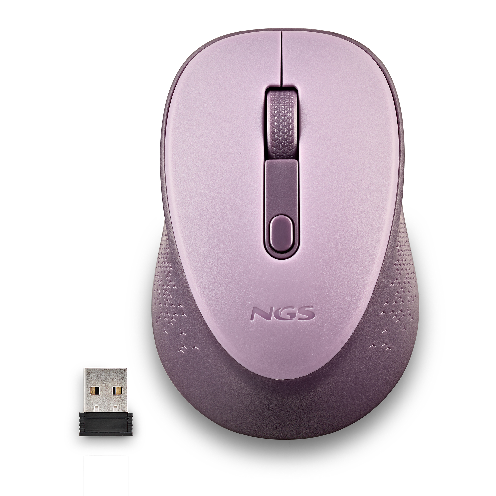 Un mouse per computer viola con un ricevitore USB. Il mouse ha una rotella di scorrimento.