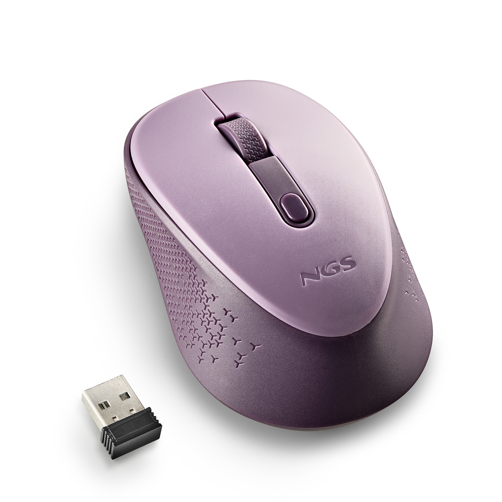 Mouse wireless viola e grigio e un piccolo ricevitore USB su sfondo bianco.