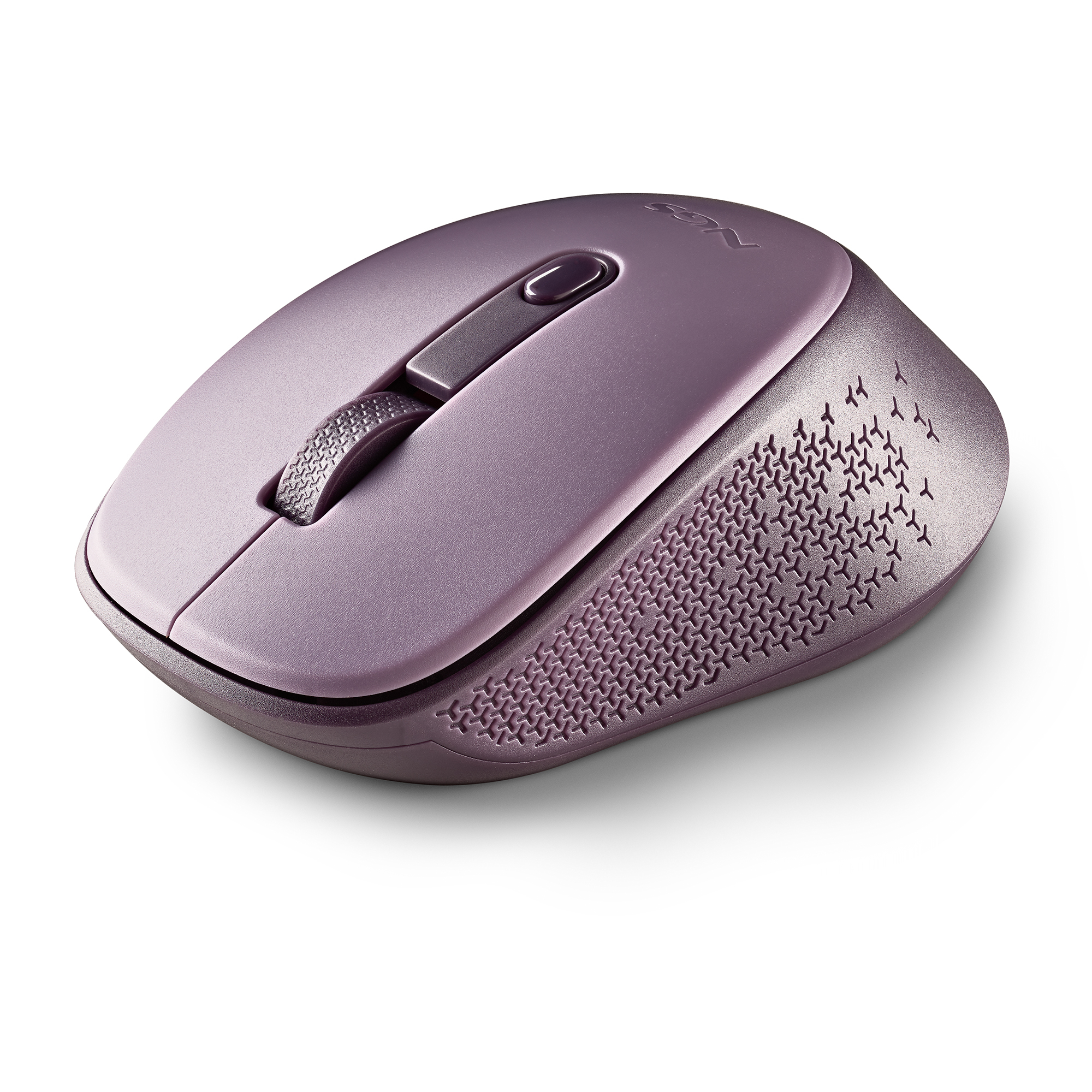 Un mouse wireless viola su sfondo bianco. Ha una rotellina e un motivo rientrante sul lato.