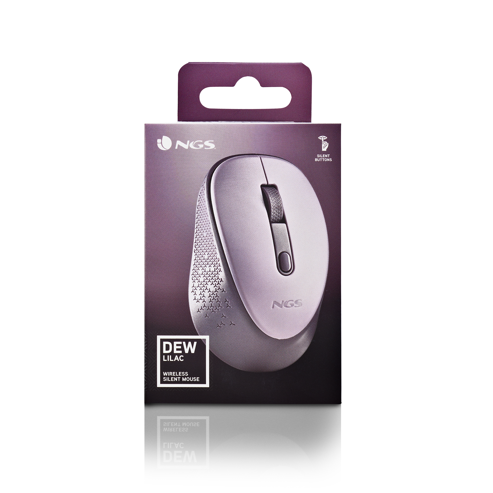 Scatola per un mouse wireless, che mostra il mouse e i dettagli del marchio.