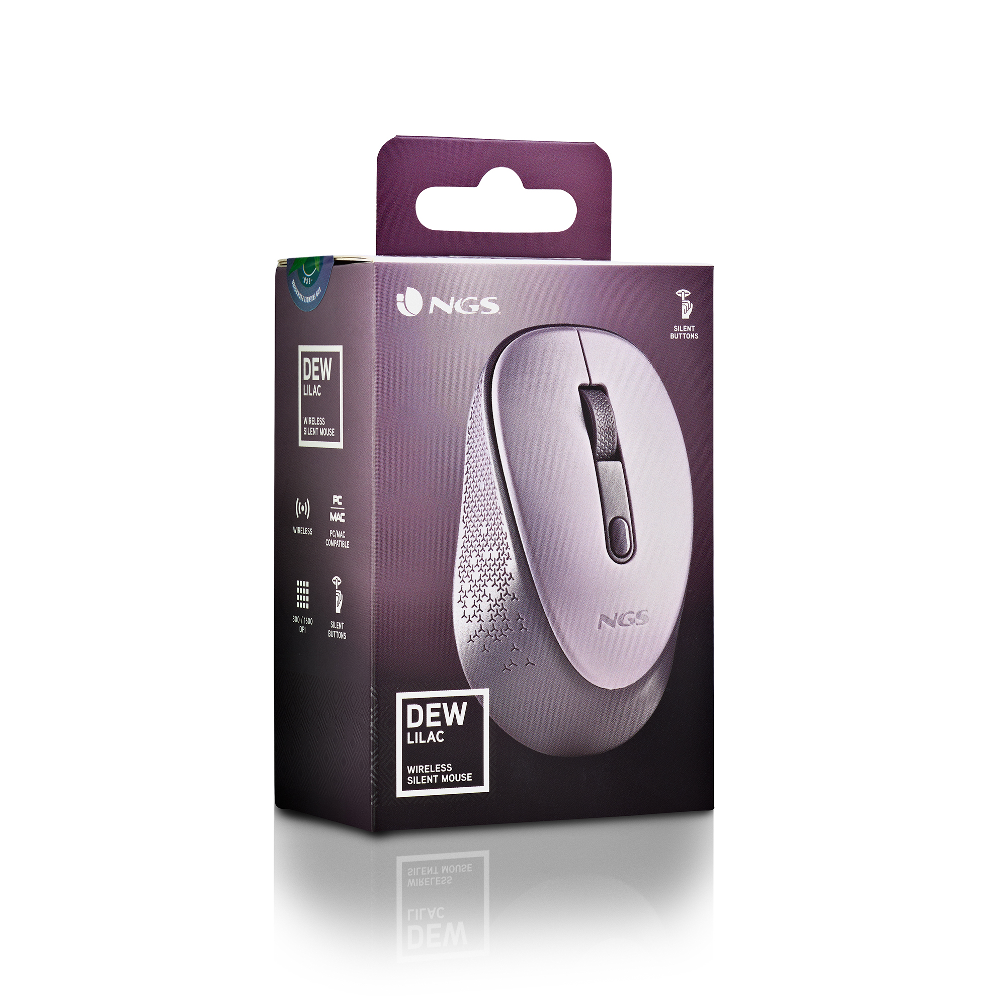 Uno sfondo bianco con una scatola di un mouse silenzioso wireless viola. La scatola ha un marchio.