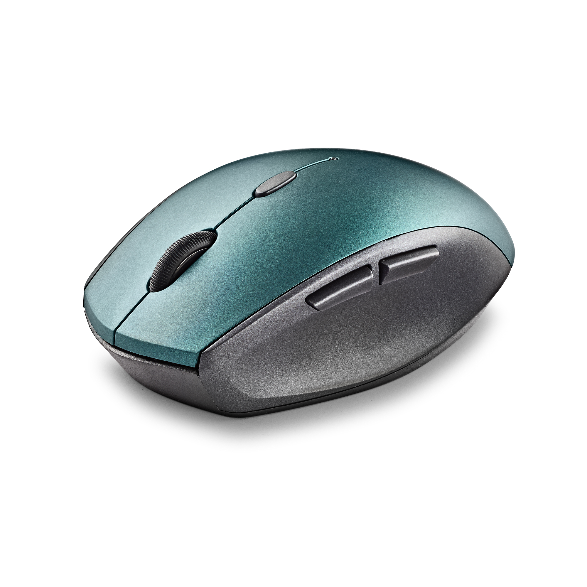 Mouse wireless verde acqua e grigio su sfondo bianco, vista angolata.